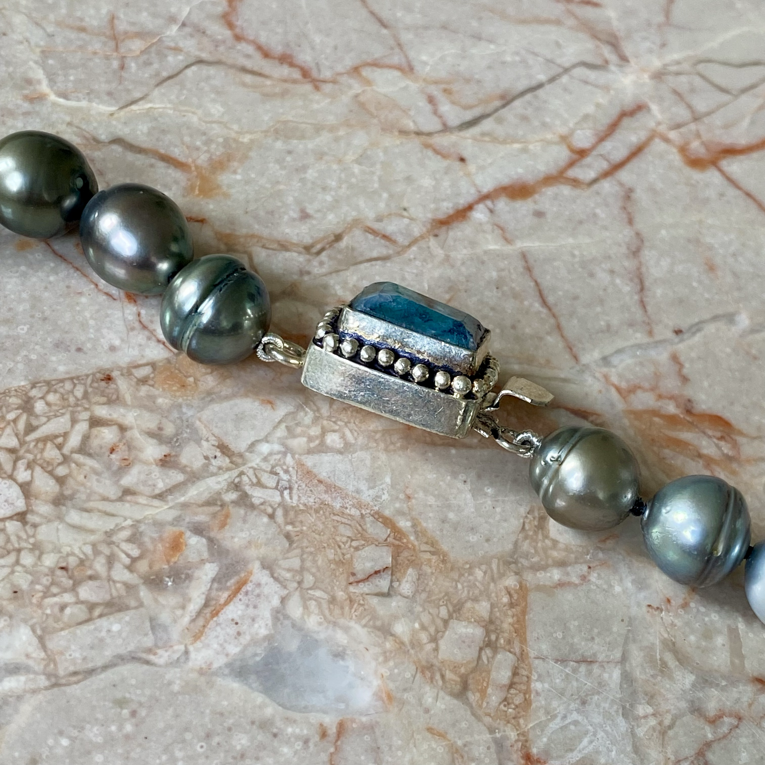 By Danilova, Dark Peacock Pearl and Gemstone Clasp Necklace11.png