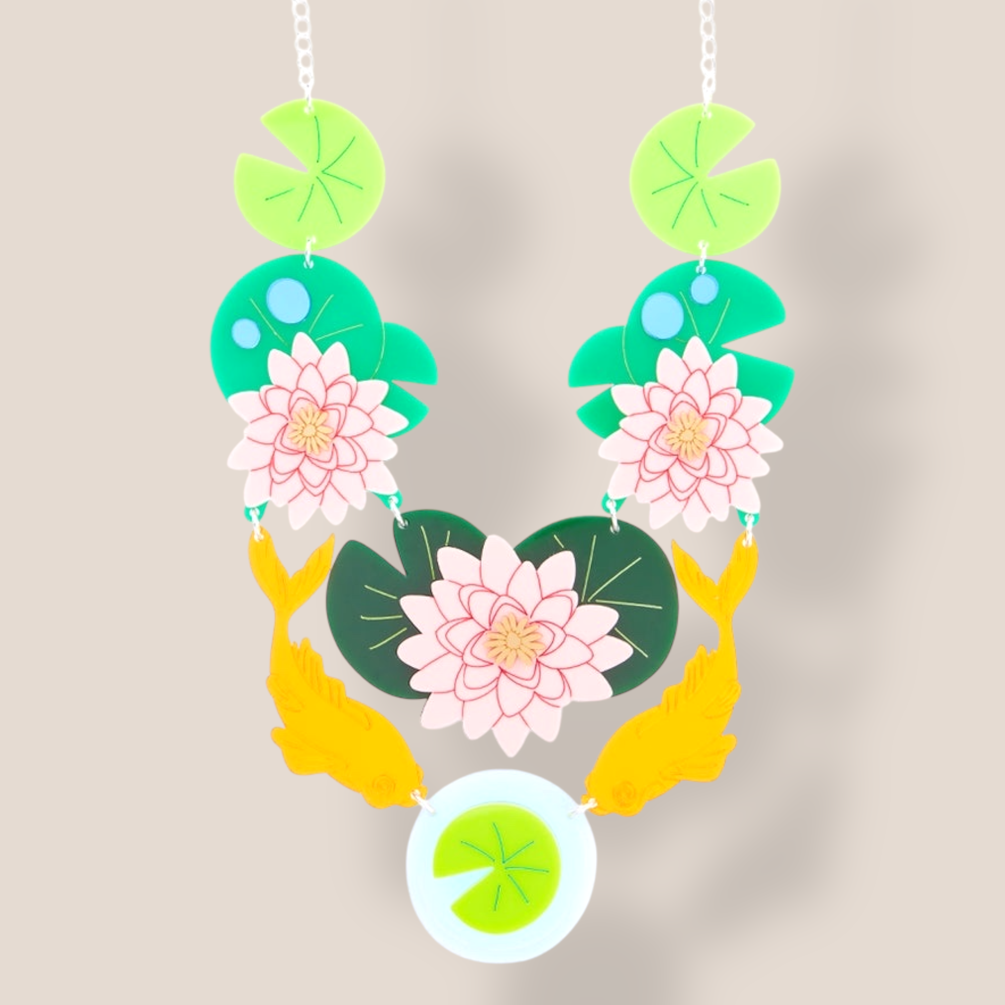 La Vidriola, Lily Pad Koi Fish, Statement Necklace
