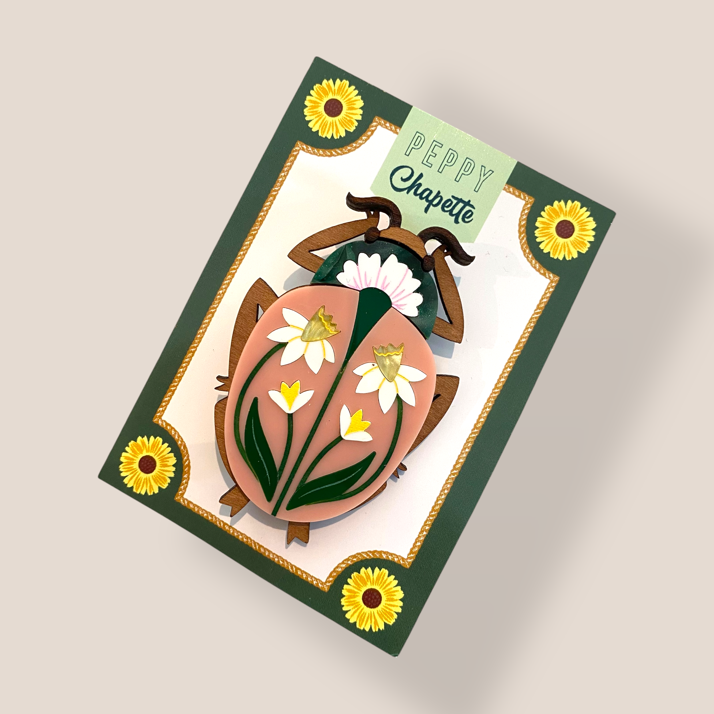 Danilova Jewellery, Peppy Chapette, Daffodil Folk Bug (2023) Acrylic Brooch4.png