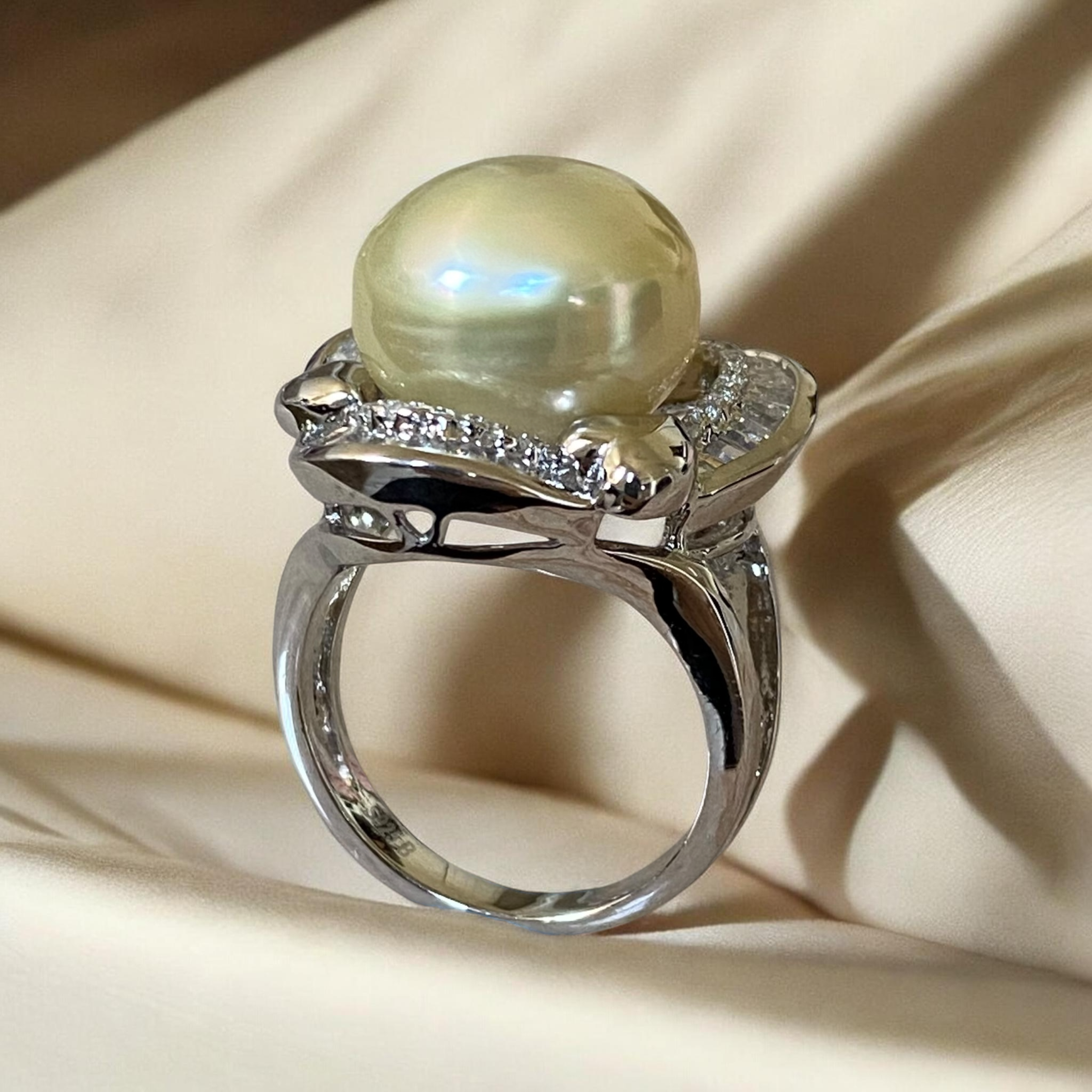Extra Large, South Sea, White Pearl Ring in Silver Triangular Halo Setting5.PNG