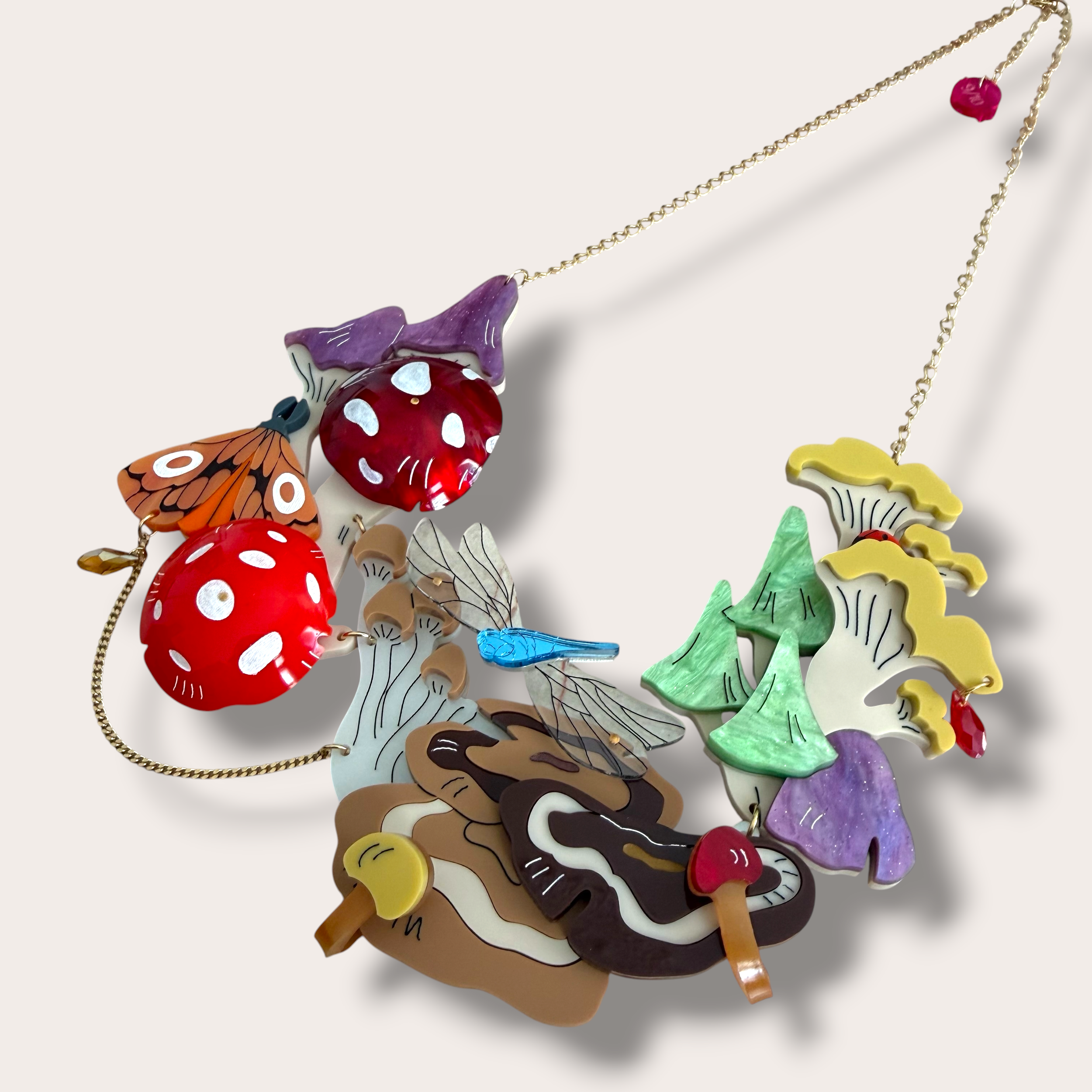 Danilova, La Vidriola, Mystical Mushroom and Insect Morning Dew, Acrylic Statement Necklace4.PNG
