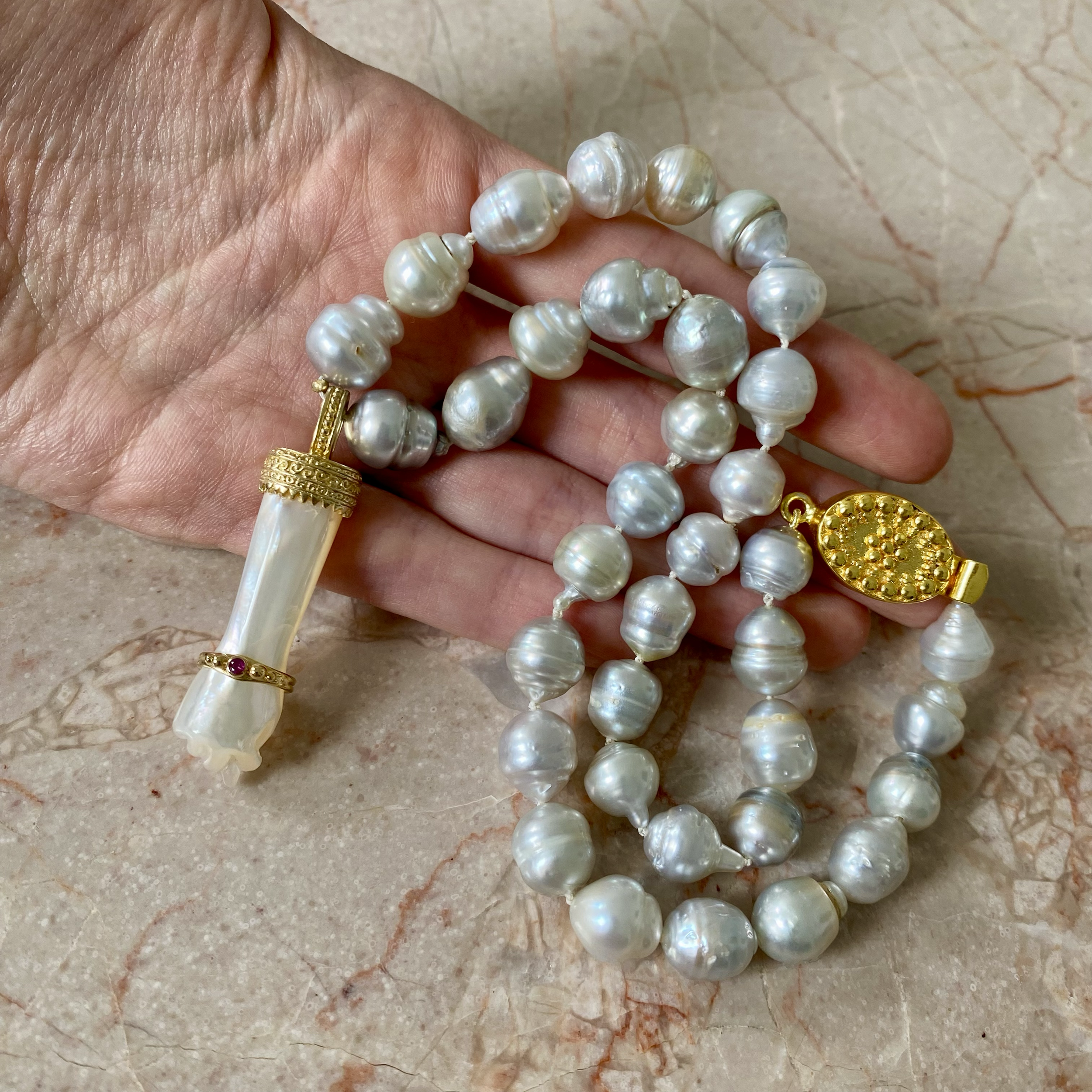 By Danilova, Silver Baroque Pearl, Mother-of-Pearl & Pink Ruby Pendant, Necklace9.png