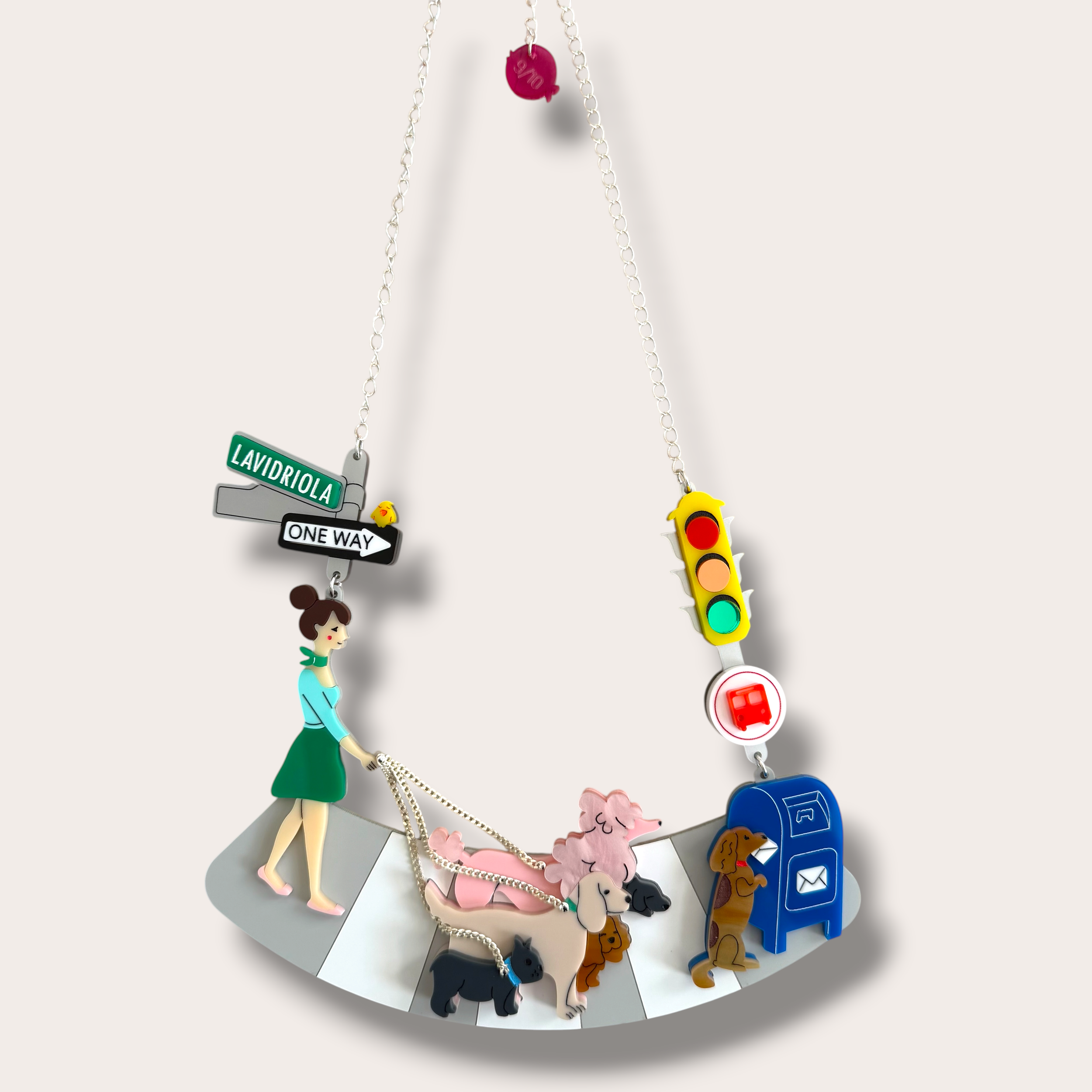 Danilova, La Vidriola, Dog Walking Fun, Acrylic Necklace1.PNG