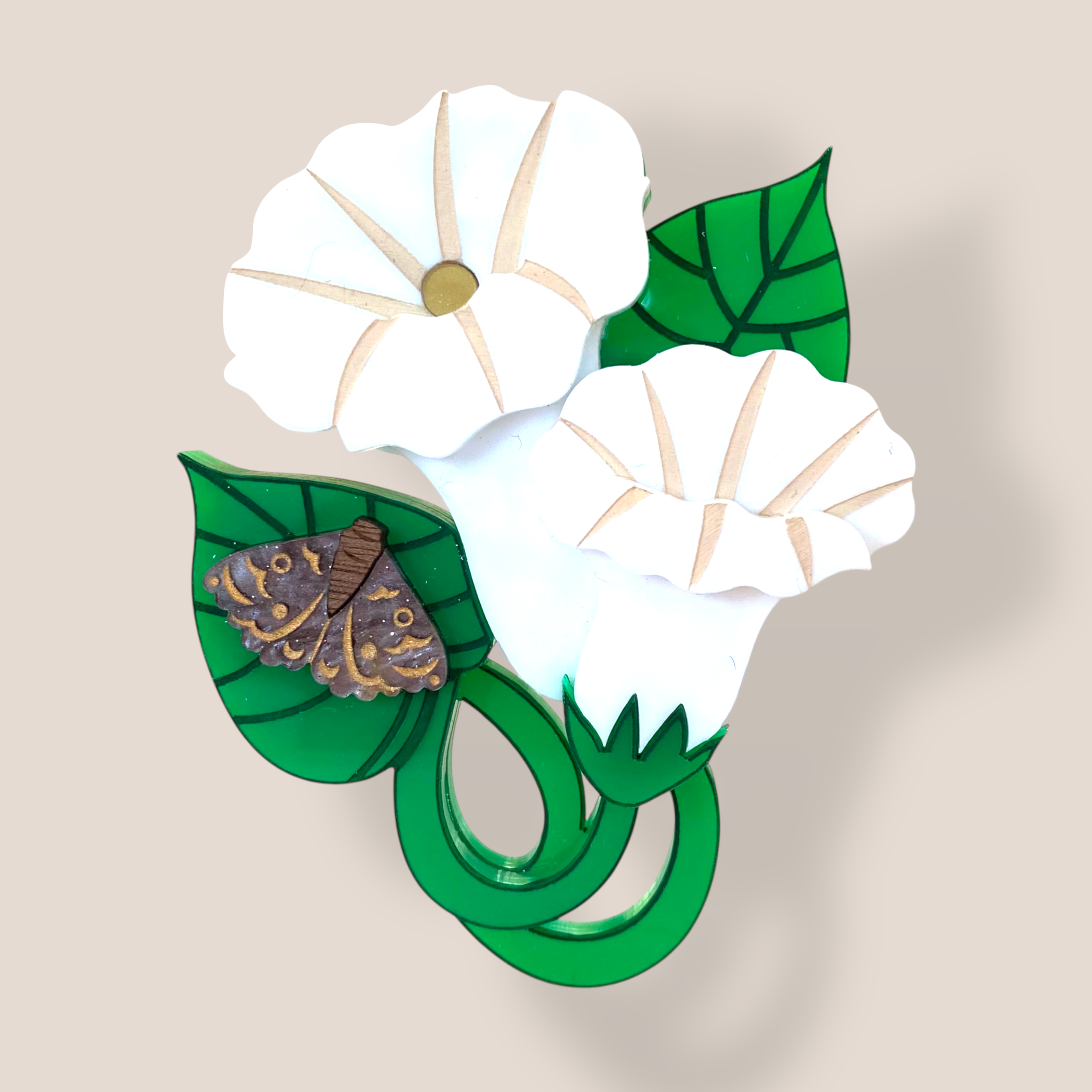 Peppy Chapette, Moth and Moonflower (2022), Acrylic Brooch