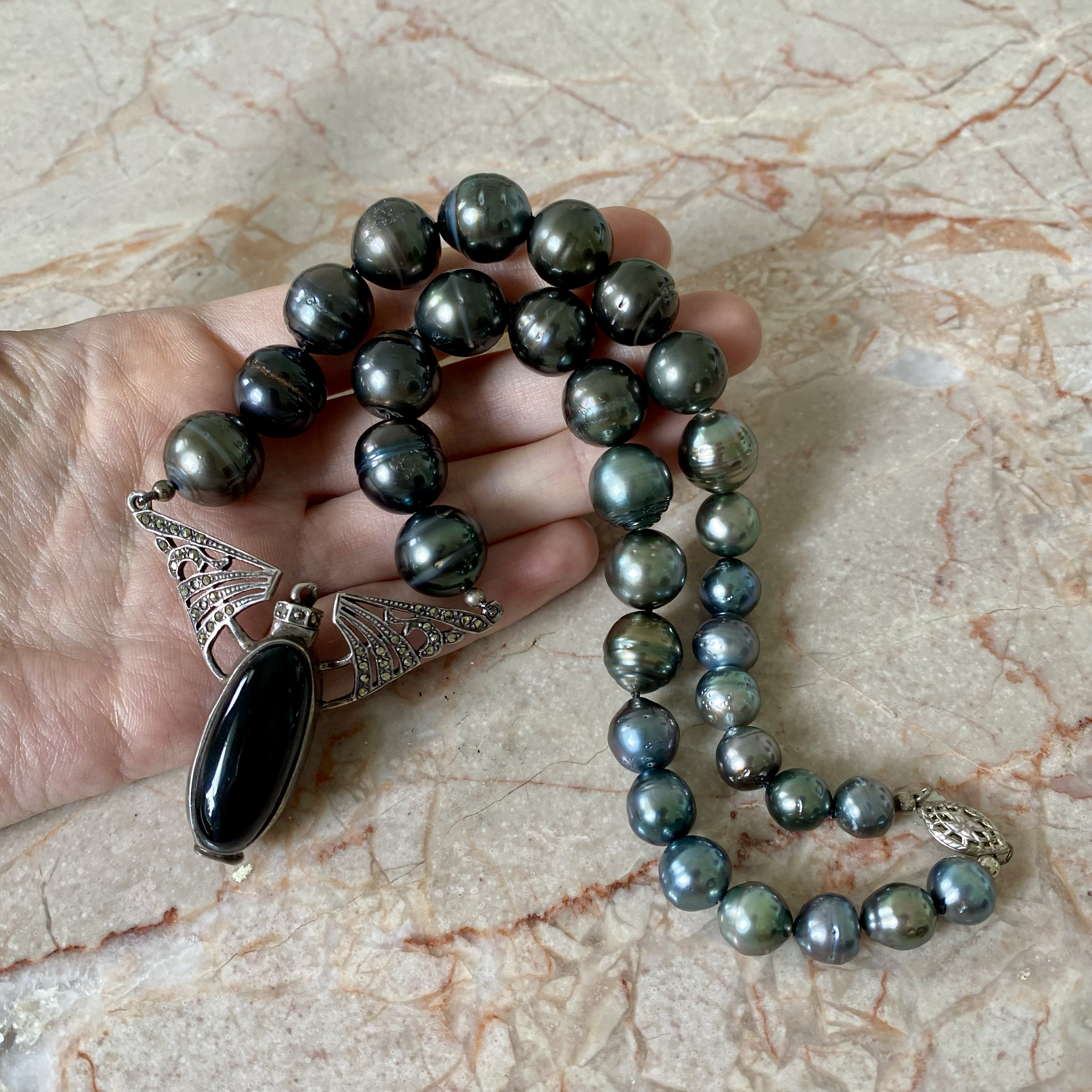 By Danilova, Dark Peacock Pearl & Antique Agate Pendant Necklace10.png