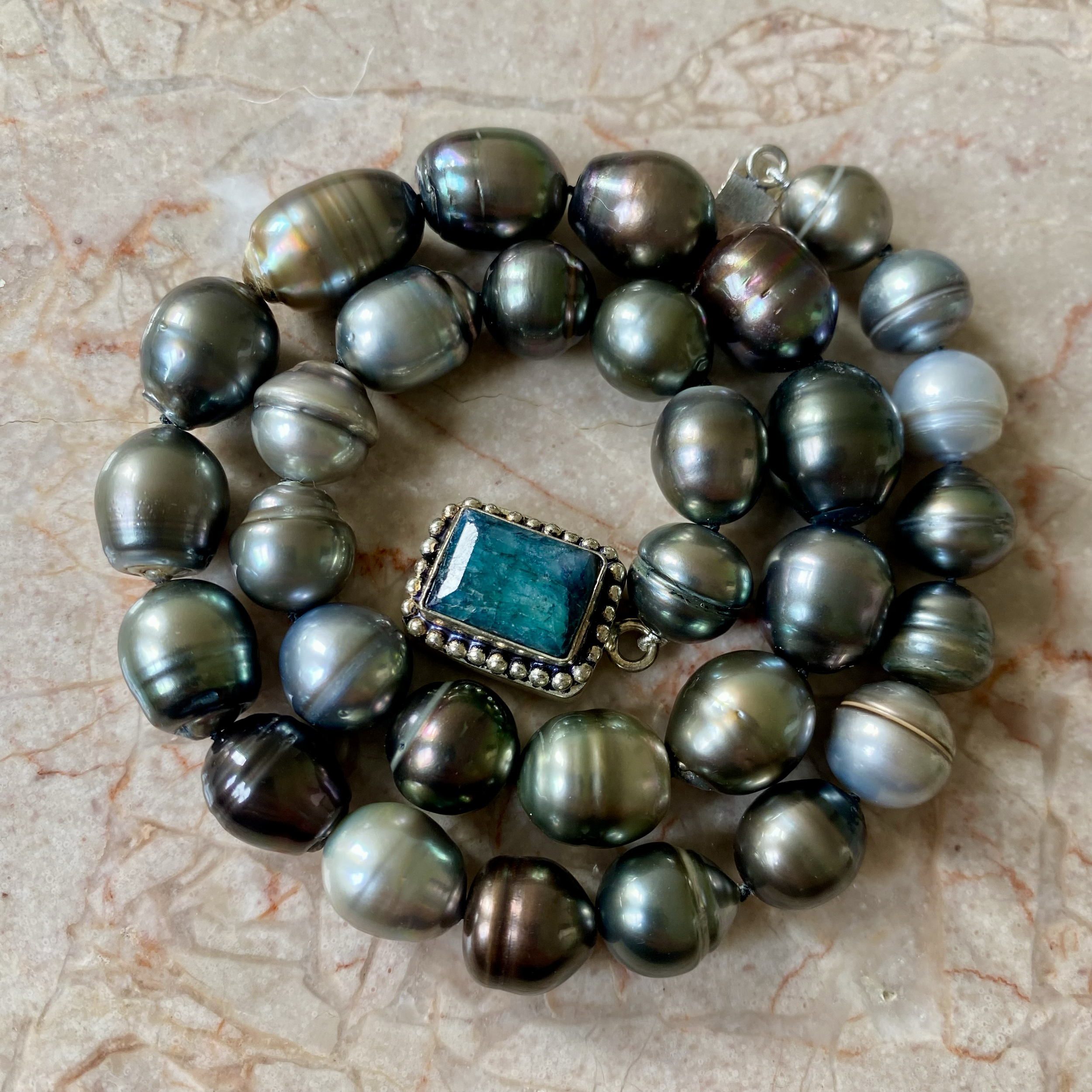 By Danilova, Dark Peacock Pearl and Gemstone Clasp Necklace8.png