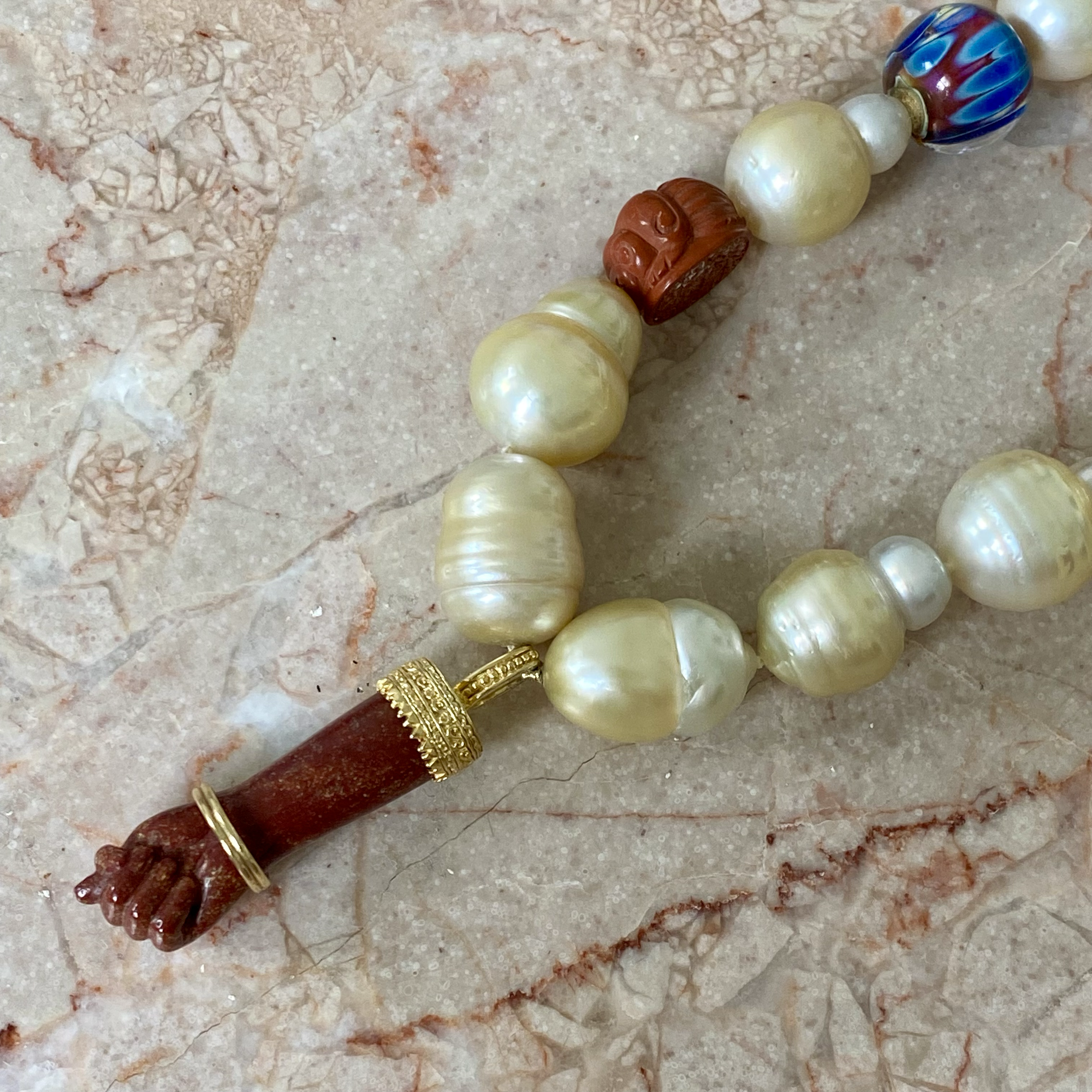 By Danilova, Extra Large White Pearl, Jasper & Sapphire Pendant Necklace12.png