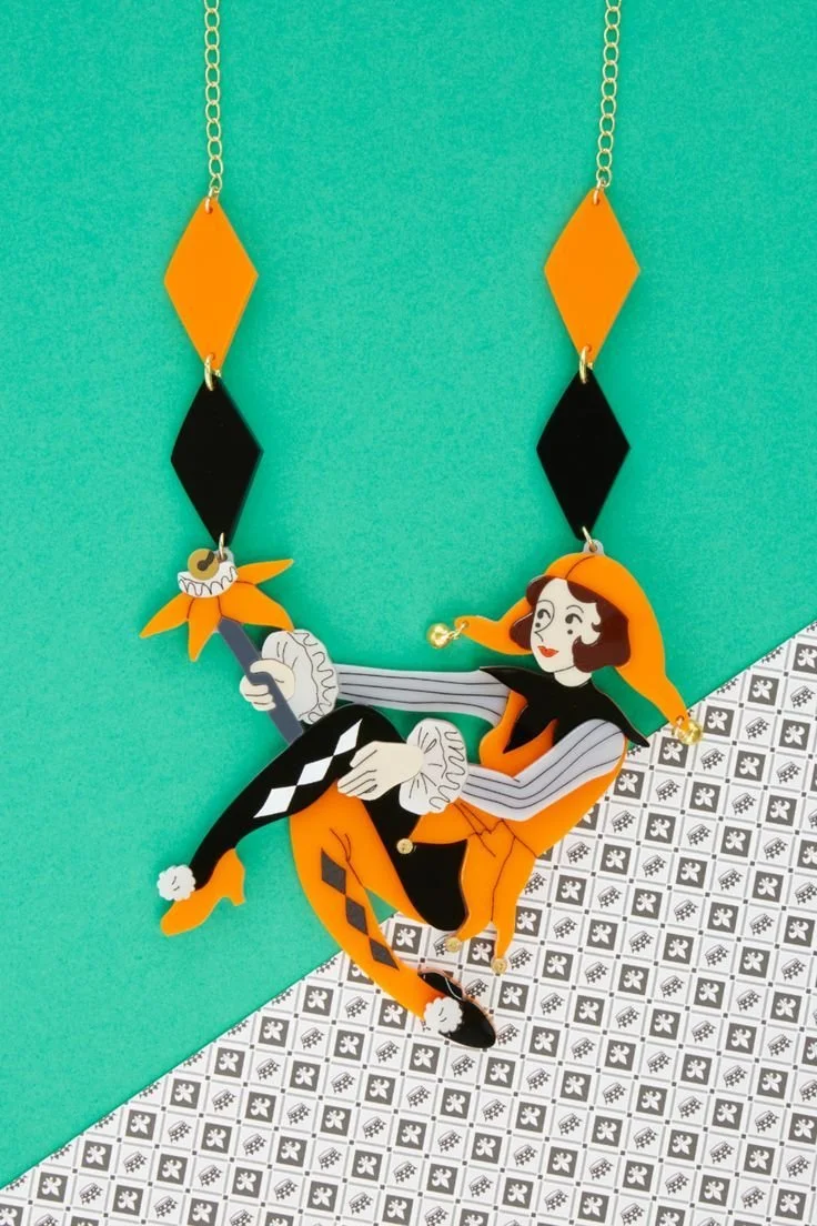 Danilova, La Vidriola, The Jolly Harlequin Doll, Acrylic Necklace0.jpg