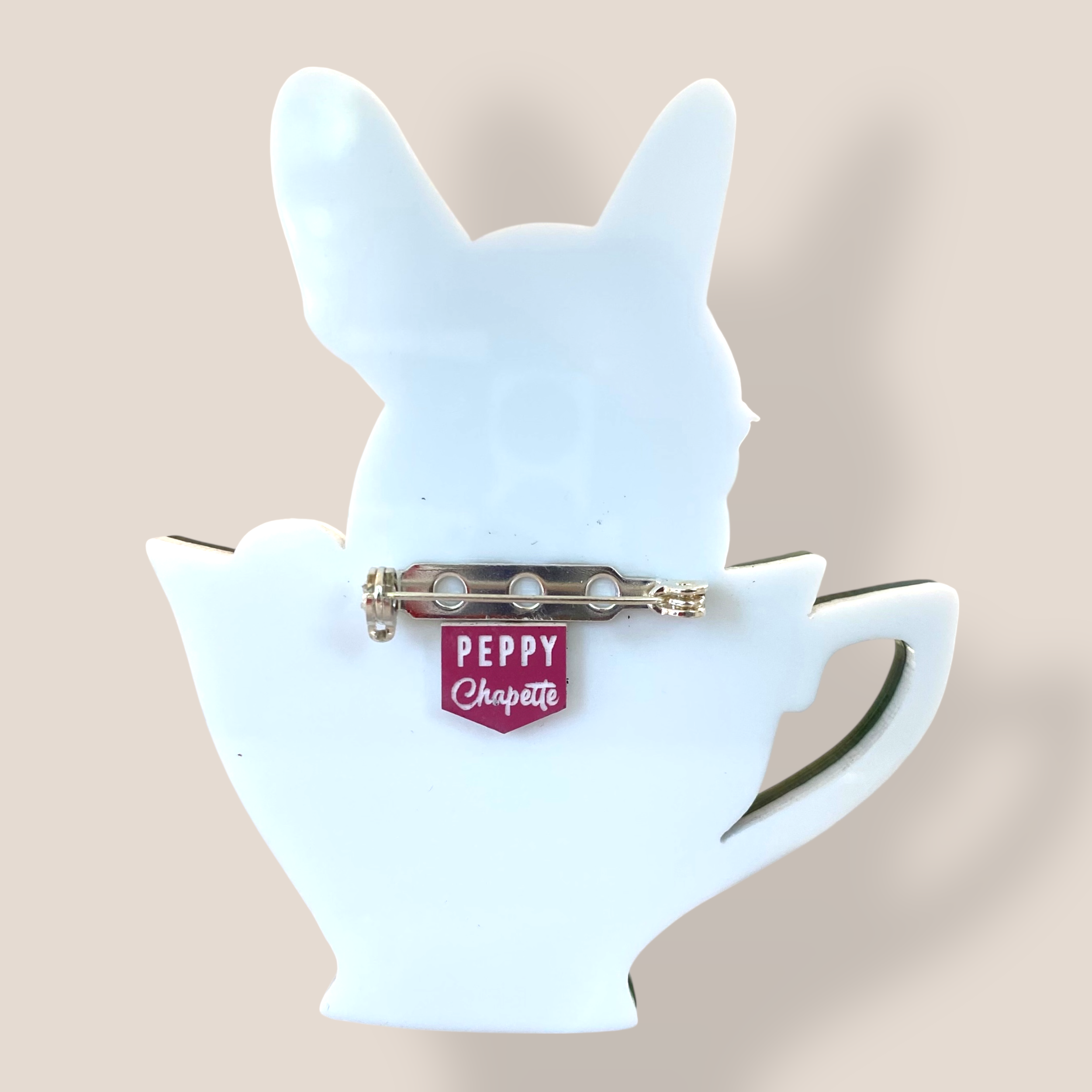 Danilova Jewellery, Peppy Chapette, Frenchie Cup Christmas (2017) Acrylic Brooch2.png