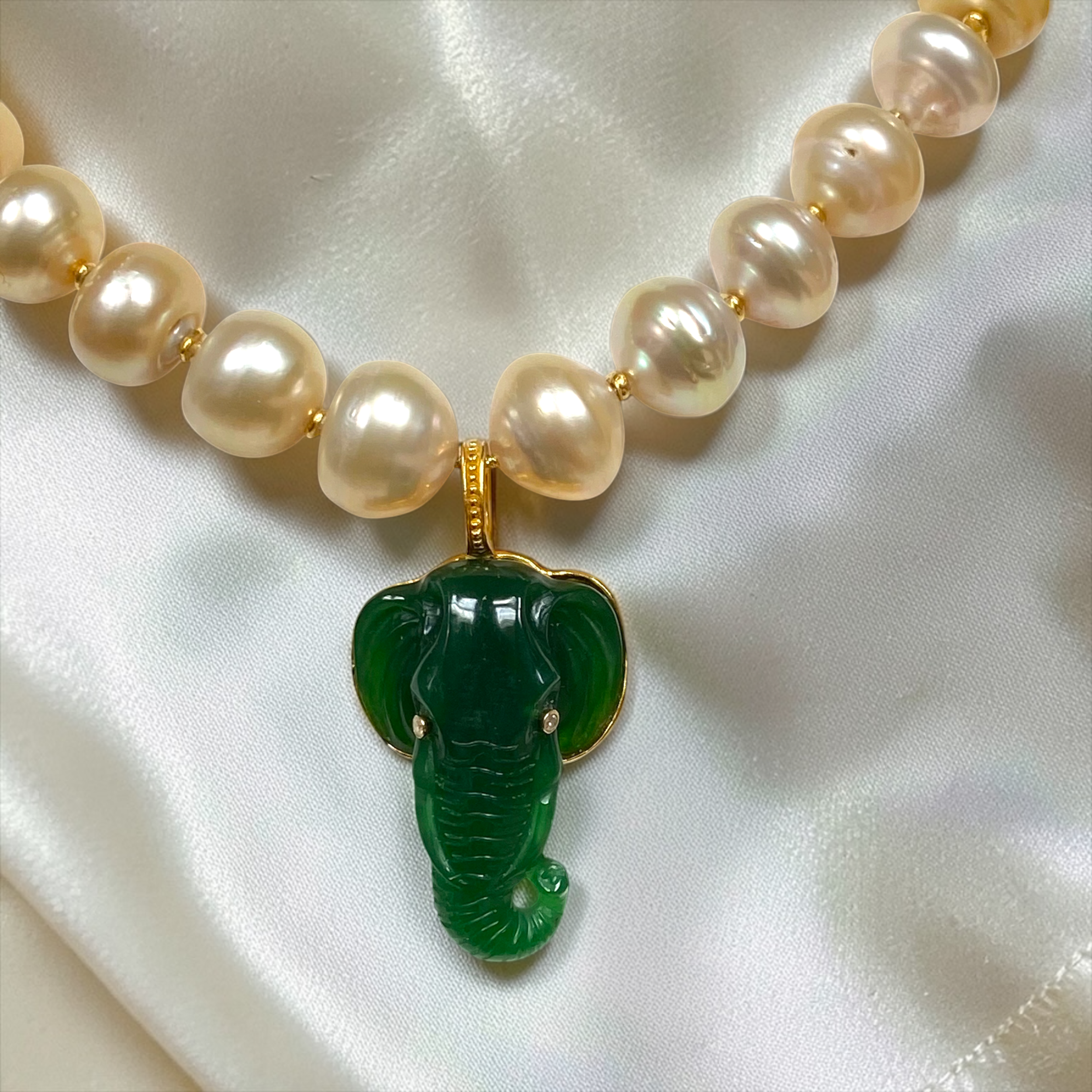 By Danilova, White Pearl, Jade & Diamond Elephant Pendant Necklace2.PNG
