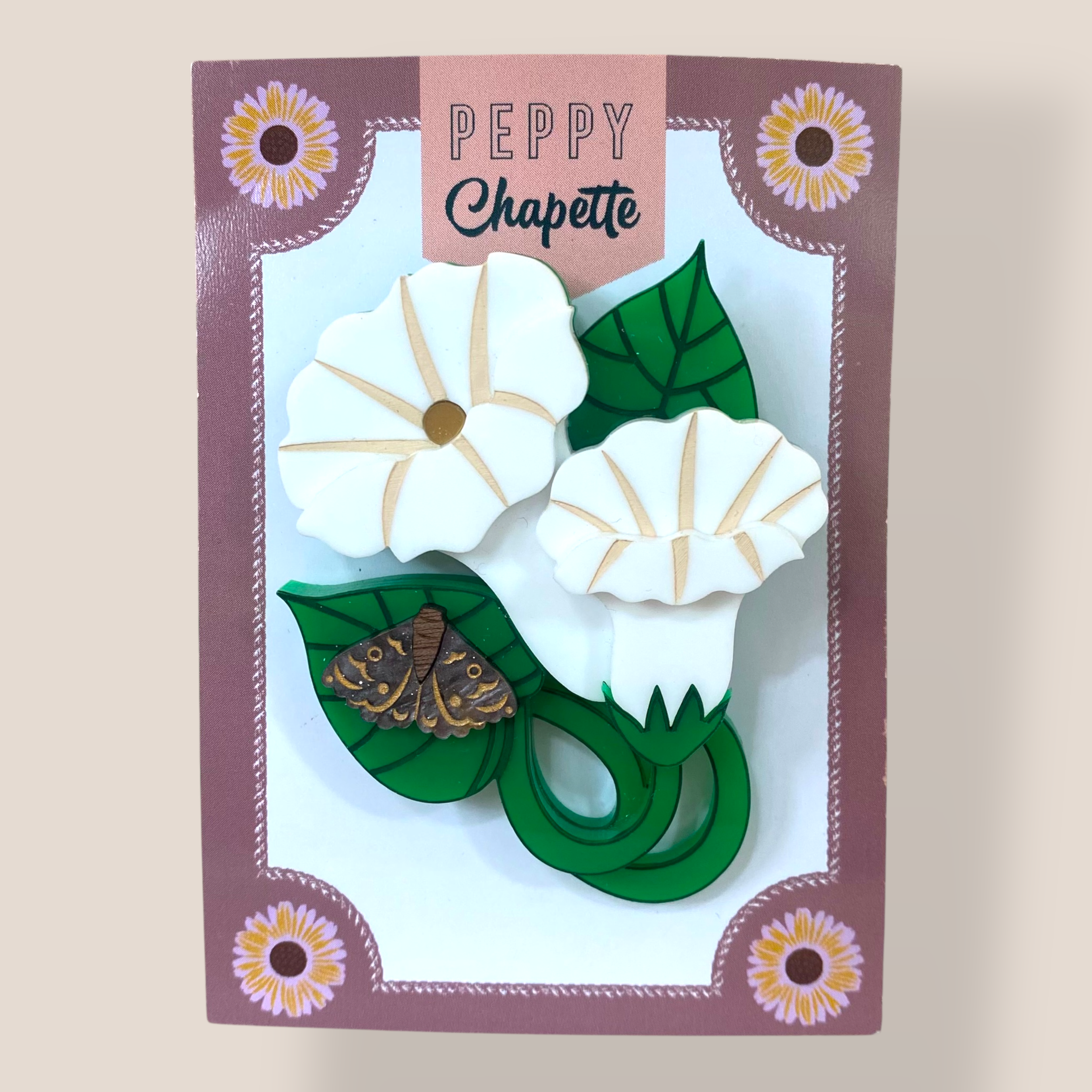 Danilova Jewellery, Peppy Chapette, Moth and Moonflower (2022) Acrylic Brooch2.png