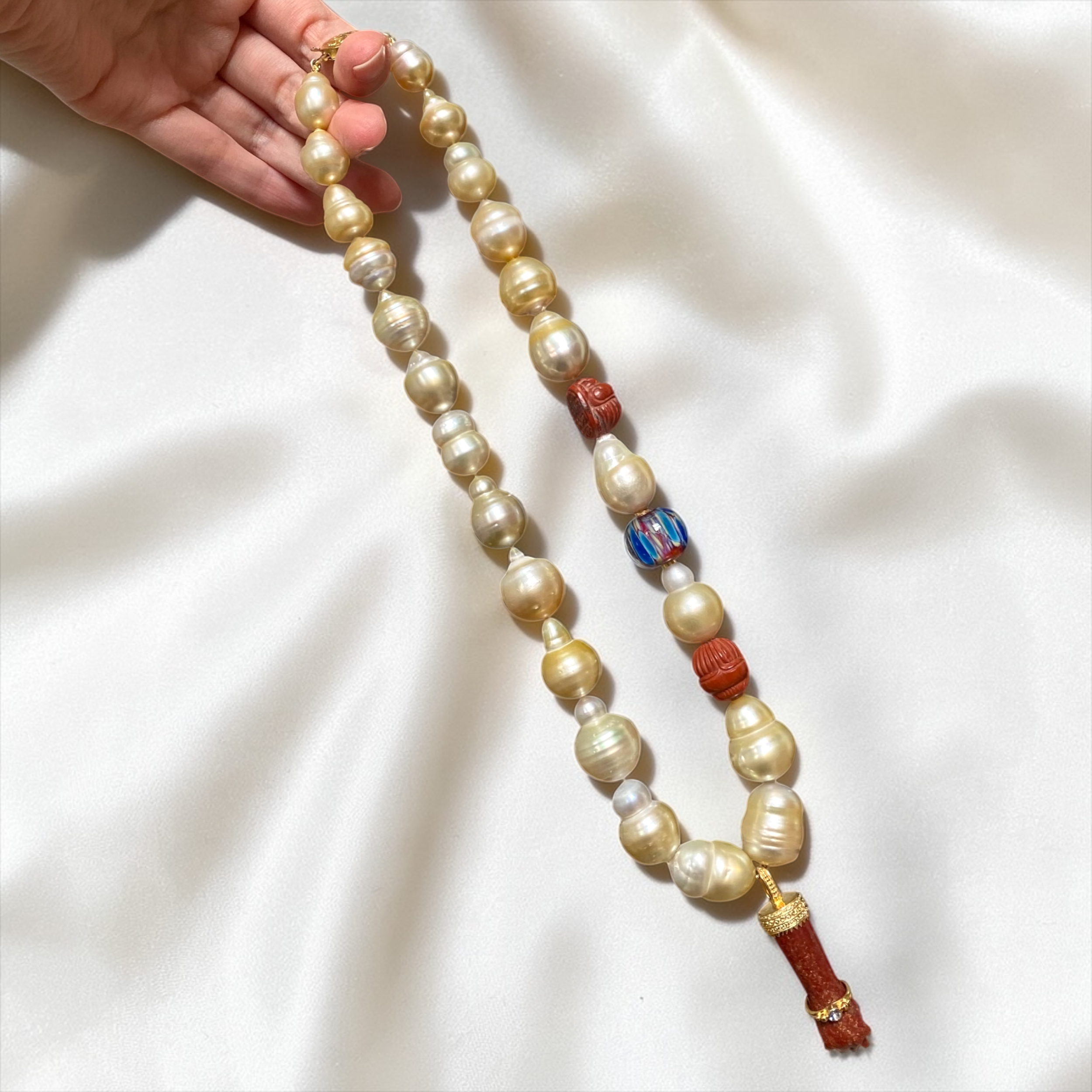 By Danilova, Extra Large White Pearl, Jasper & Sapphire Pendant Necklace17.PNG