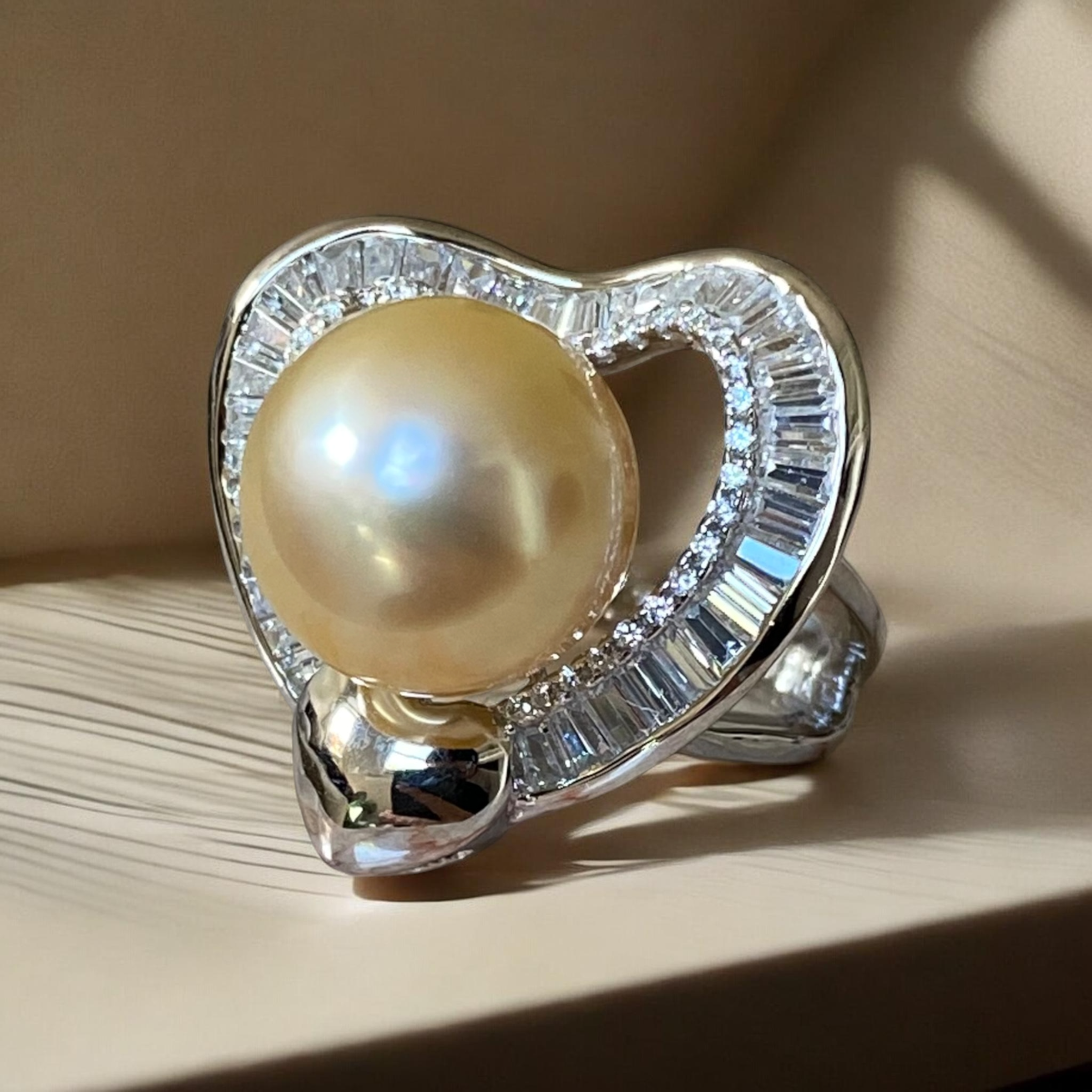 South Sea, Golden Pearl Ring in Rhinestone Heart-Halo Silver Setting, Size K