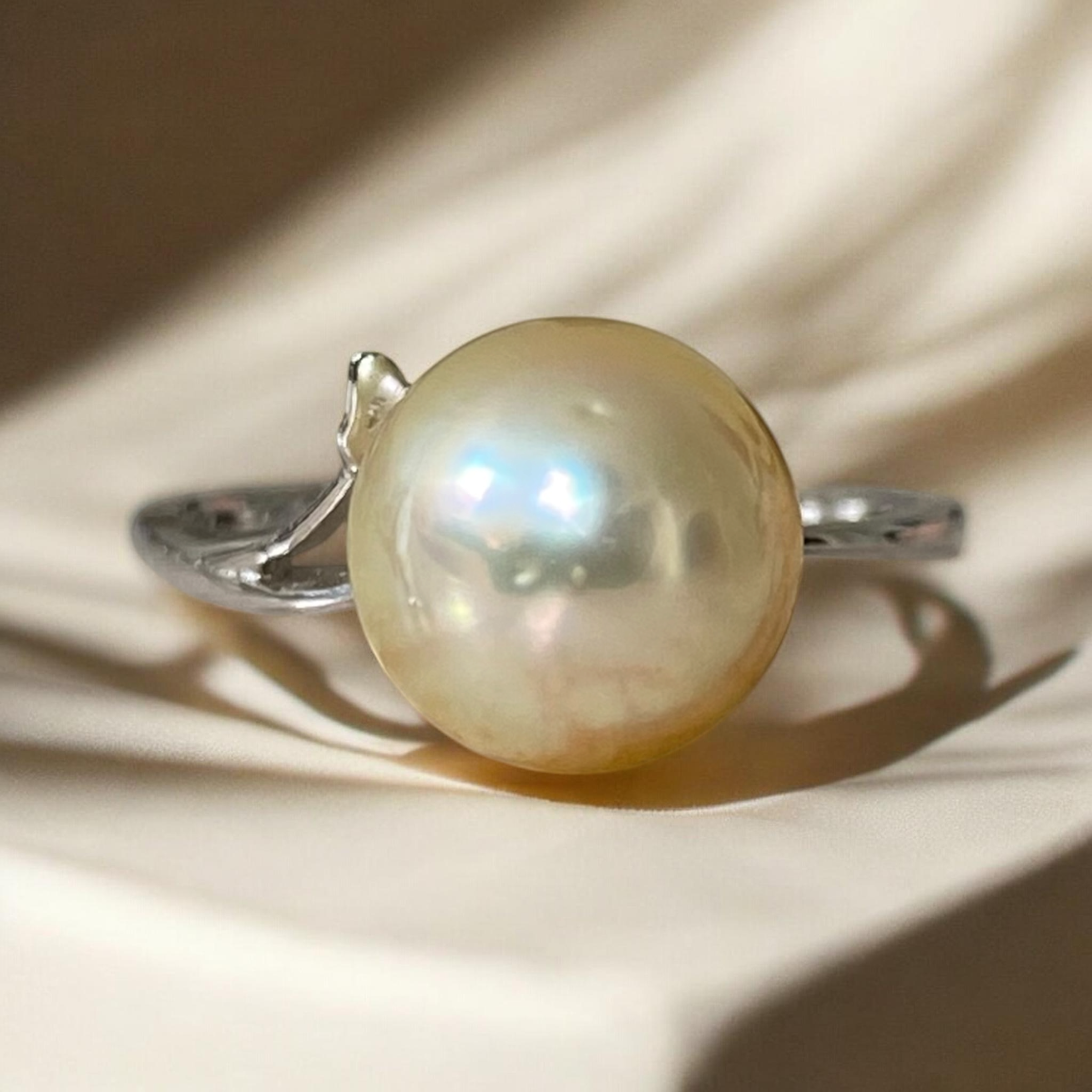 South Sea, Golden White Pearl Ring in Floral Silver Setting2.PNG