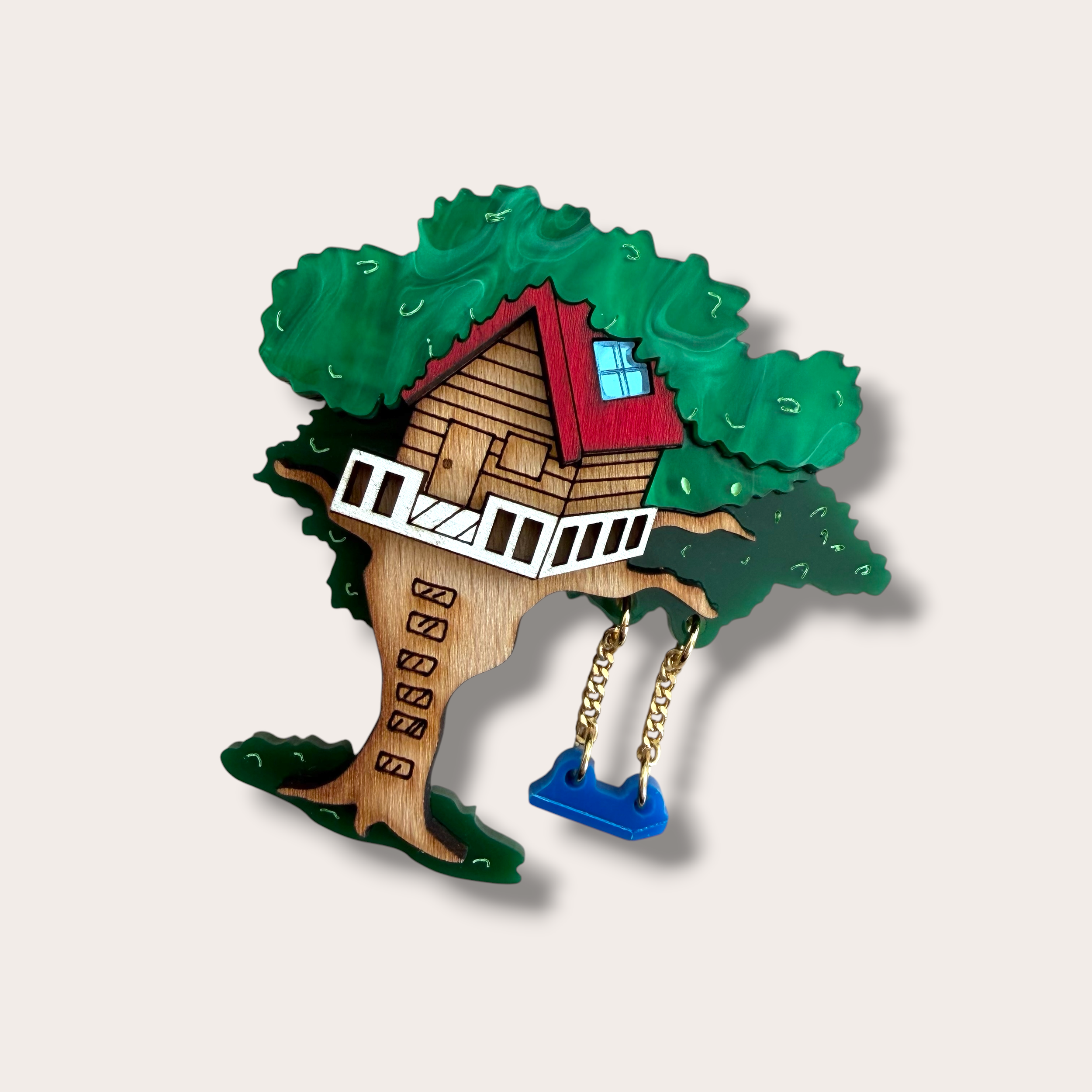 Danilova, La Vidriola, Swinging Under my Tree House, Acrylic Brooch1.PNG