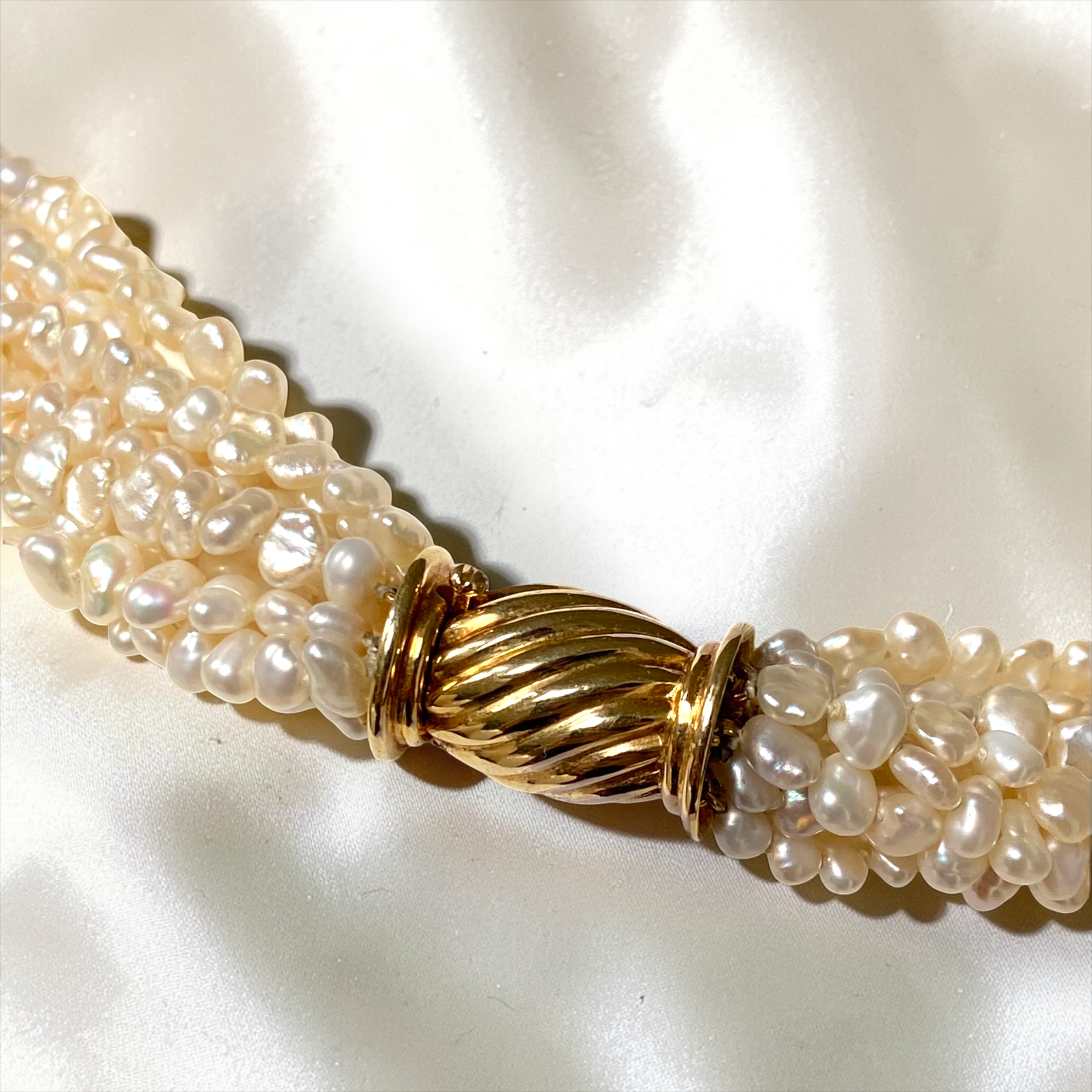 Vintage, 9-Row, White Pearl & 14K Gold Clasp, Torsade Twist Necklace3.PNG