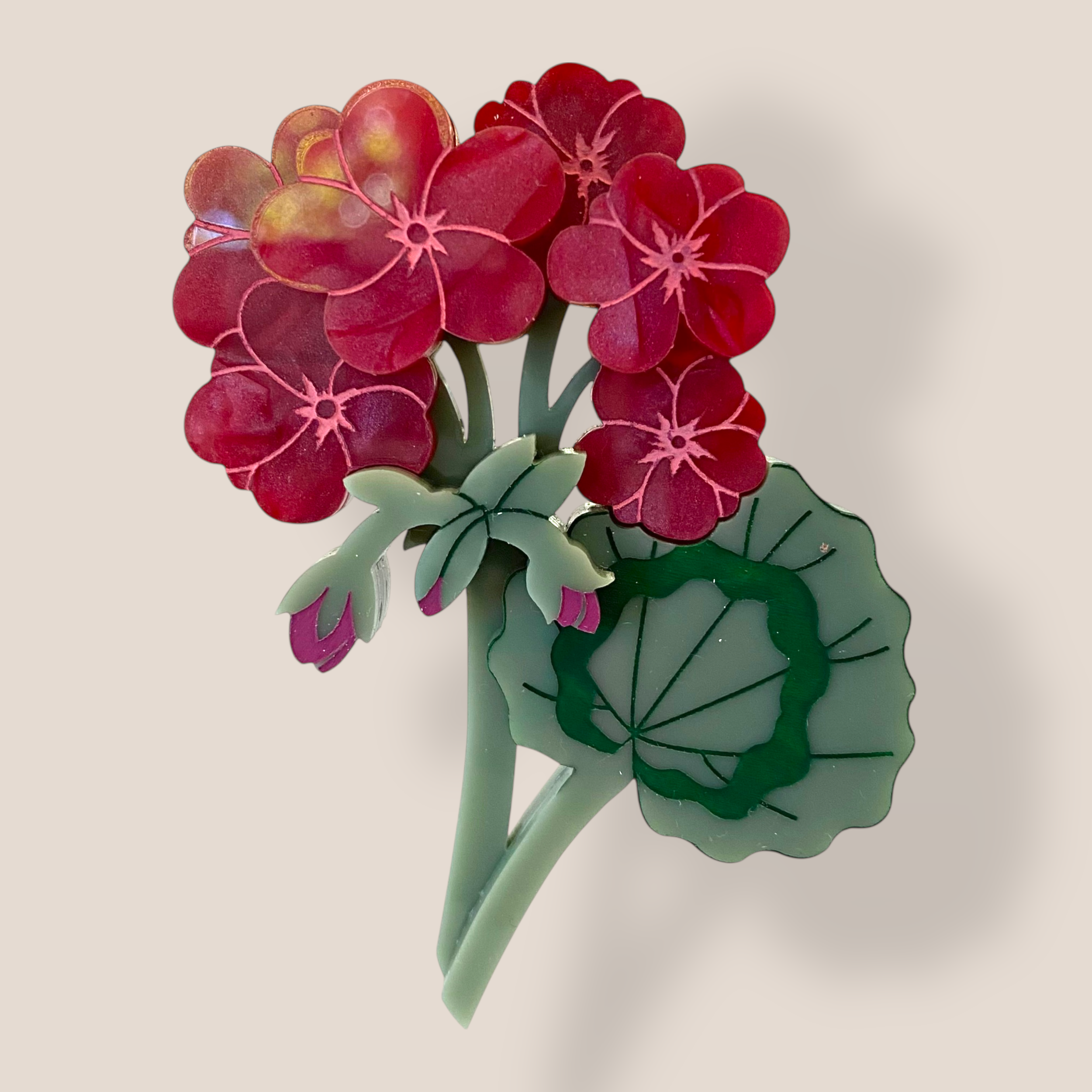 Peppy Chapette, Geraldine's Geranium (2023), Acrylic Brooch