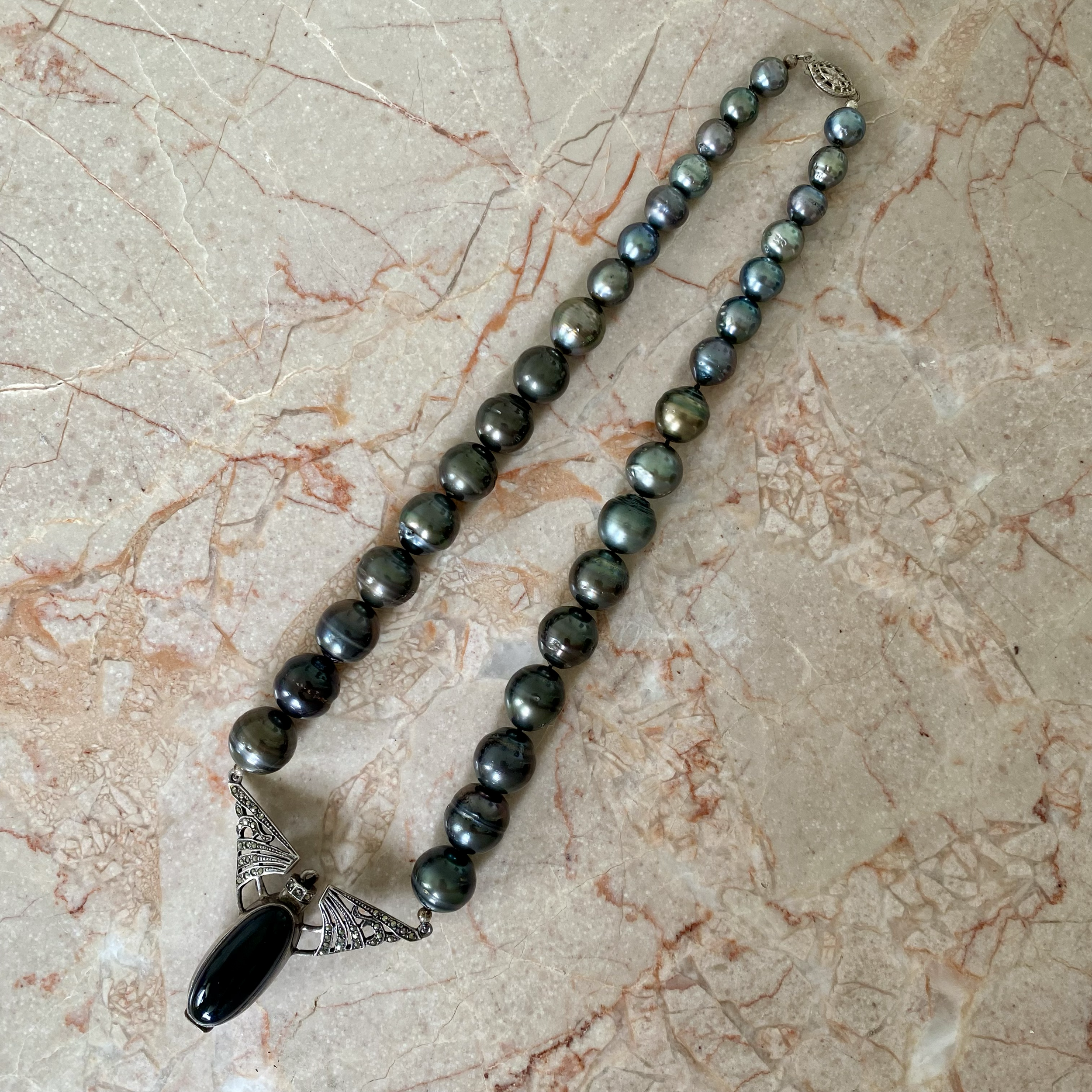 By Danilova, Dark Peacock Pearl & Antique Agate Pendant Necklace3.png