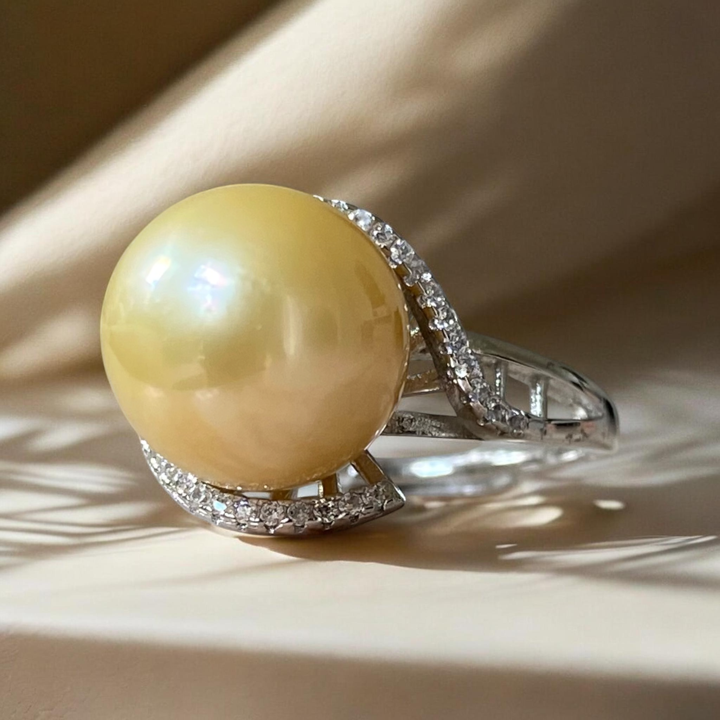 Extra Large, South Sea, Gold Pearl Ring in Open Halo Silver Setting4.PNG