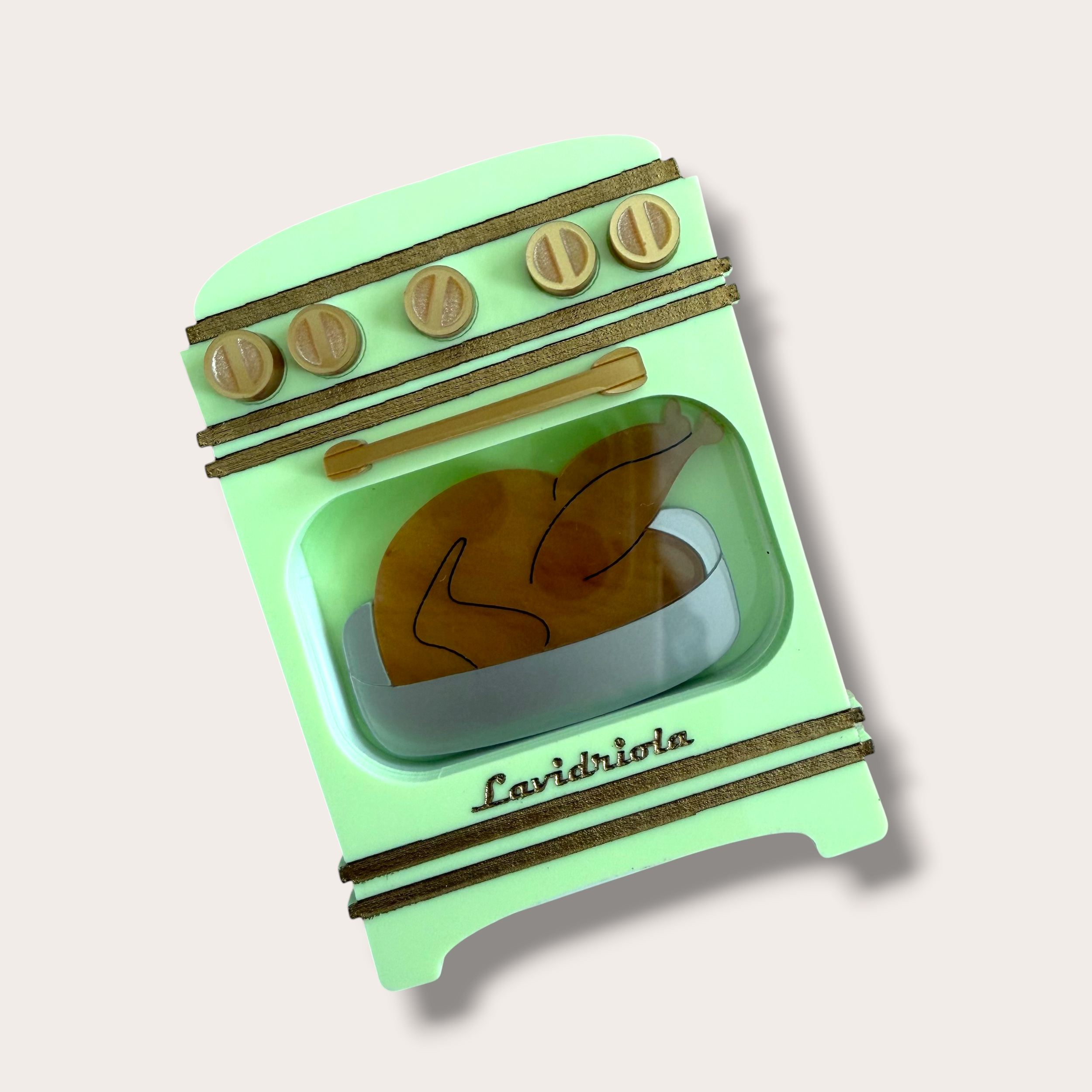 Danilova, La Vidriola, What's Cooking in the Oven, Interactive Acrylic Brooch, Pistachio4.PNG