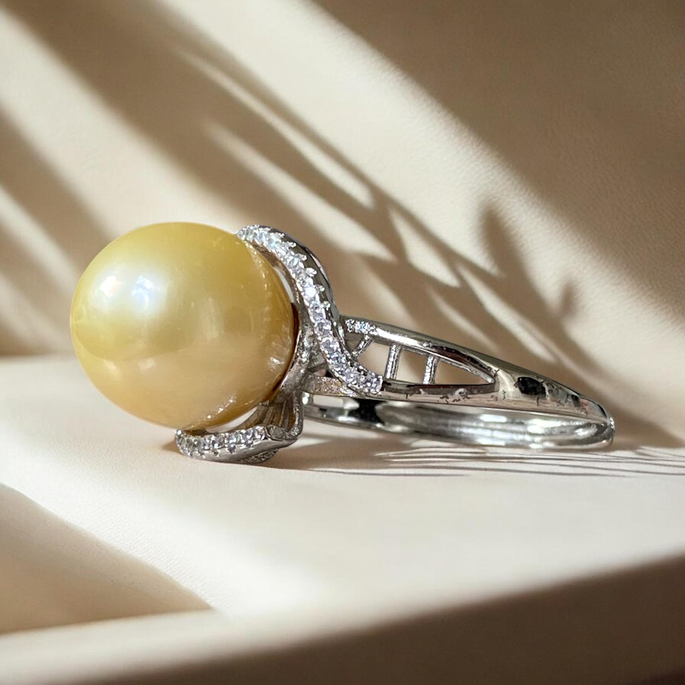 Extra Large, South Sea, Gold Pearl Ring in Open Halo Silver Setting5.PNG