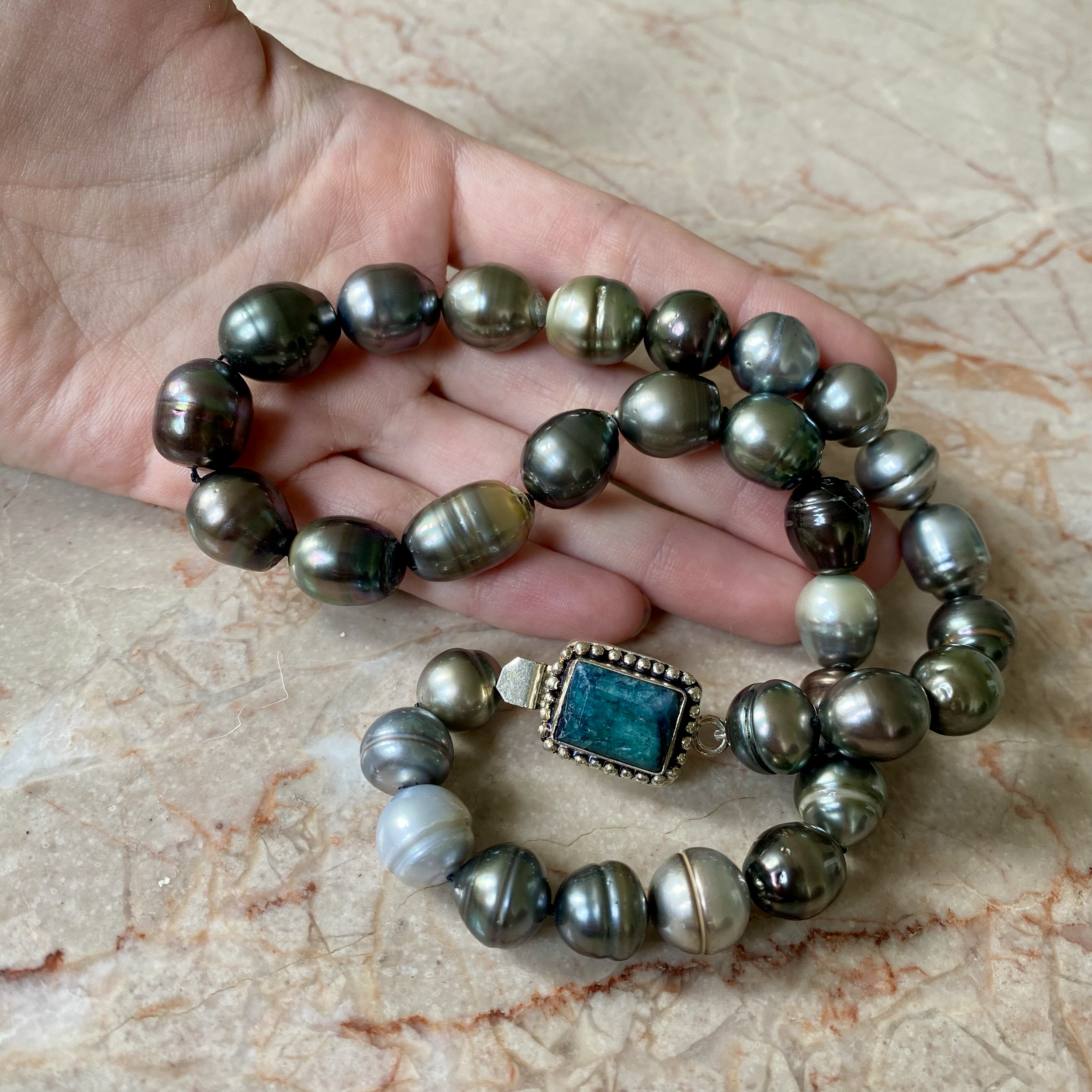 By Danilova, Dark Peacock Pearl and Gemstone Clasp Necklace12.png