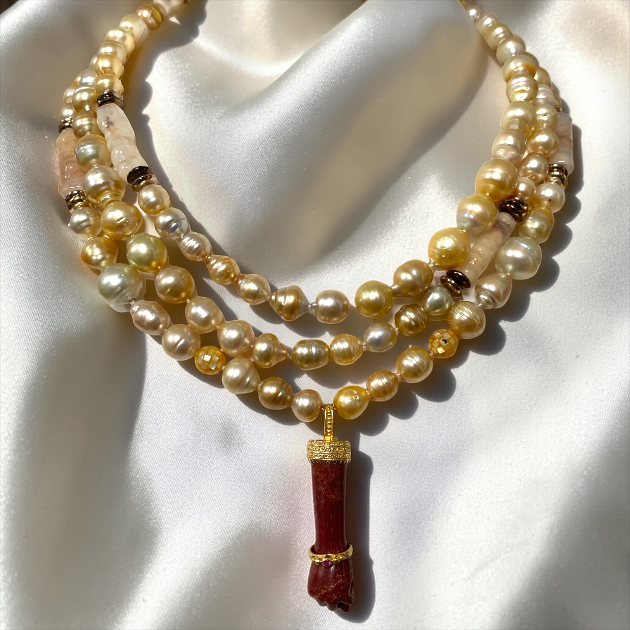 By Danilova, Gold Pearl, Jasper & Pink Ruby Pendant Rope Necklace2.PNG