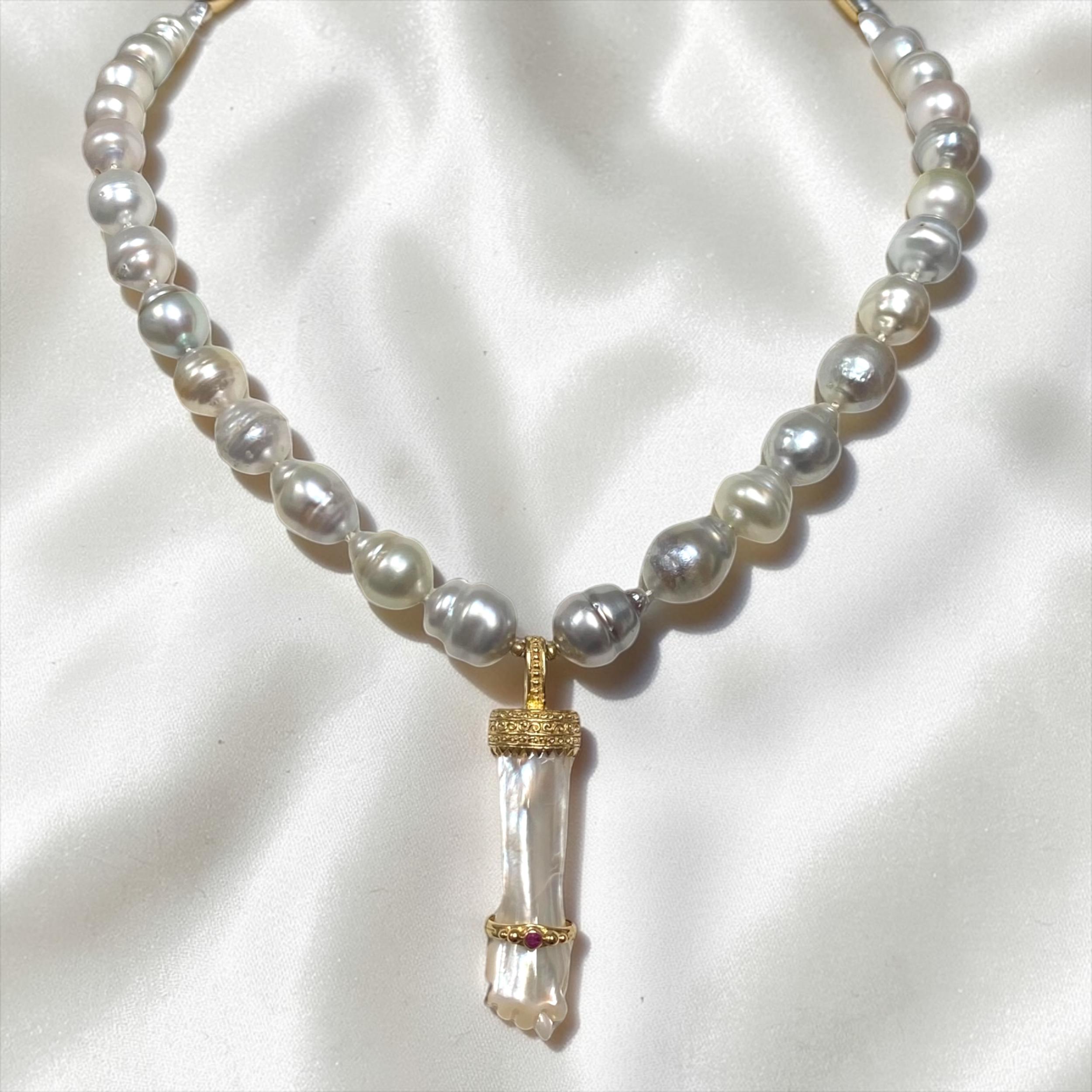 By Danilova, Silver Baroque Pearl, Mother-of-Pearl & Pink Ruby Pendant, Necklace0.PNG