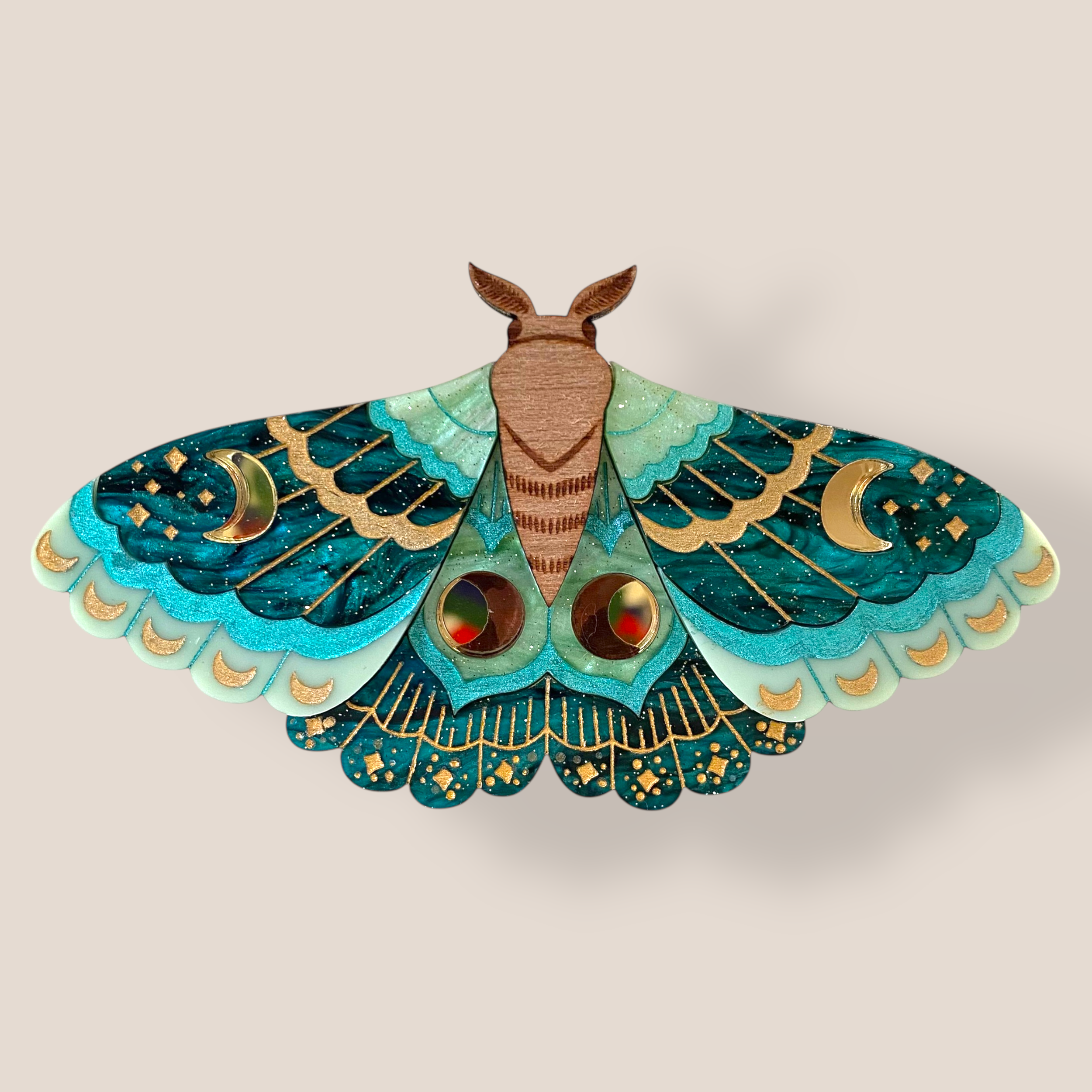 Peppy Chapette, Emerald Witch Moth (2022), Acrylic Brooch
