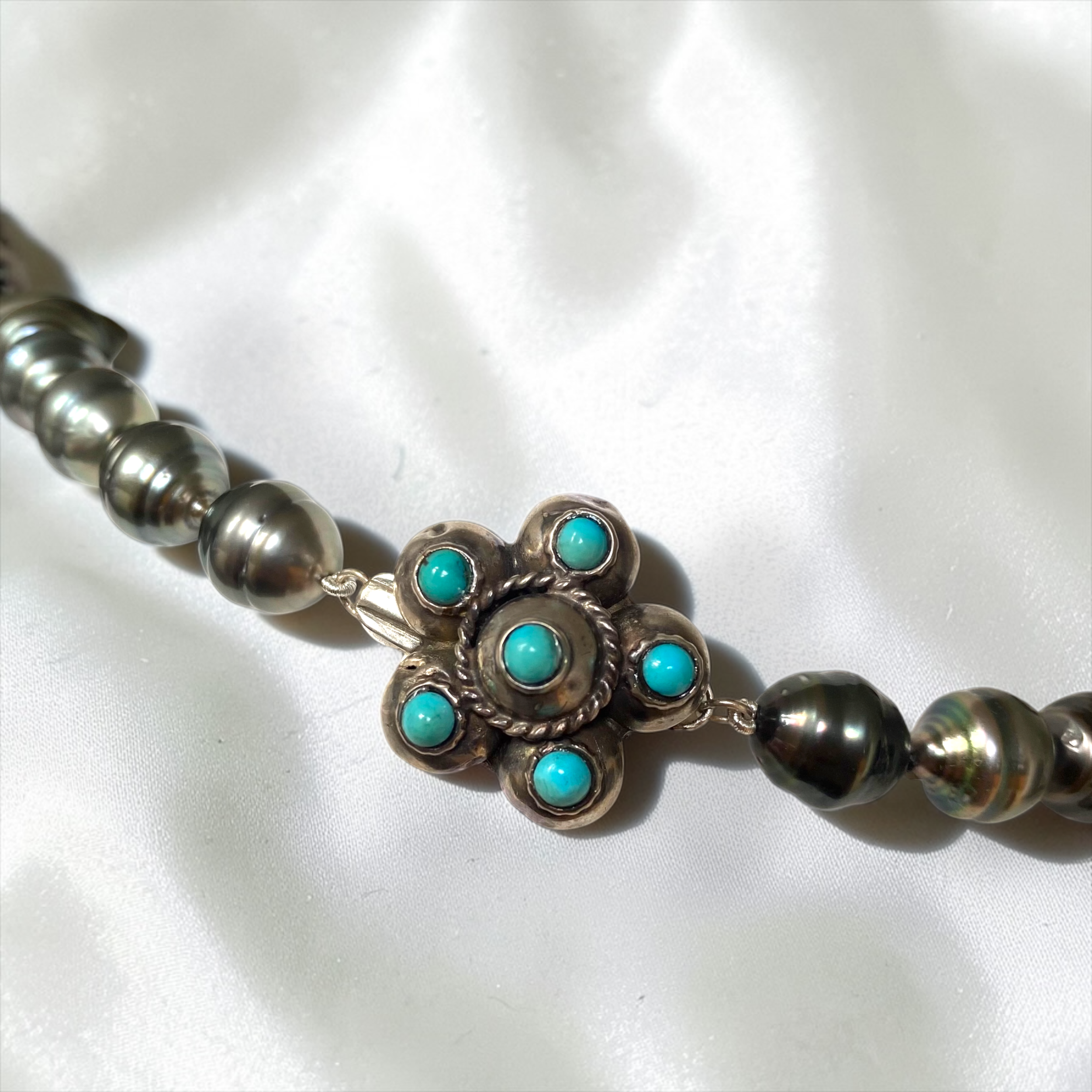 By Danilova, Dark Peacock Pearl and Turquoise Clasp Necklace5.PNG