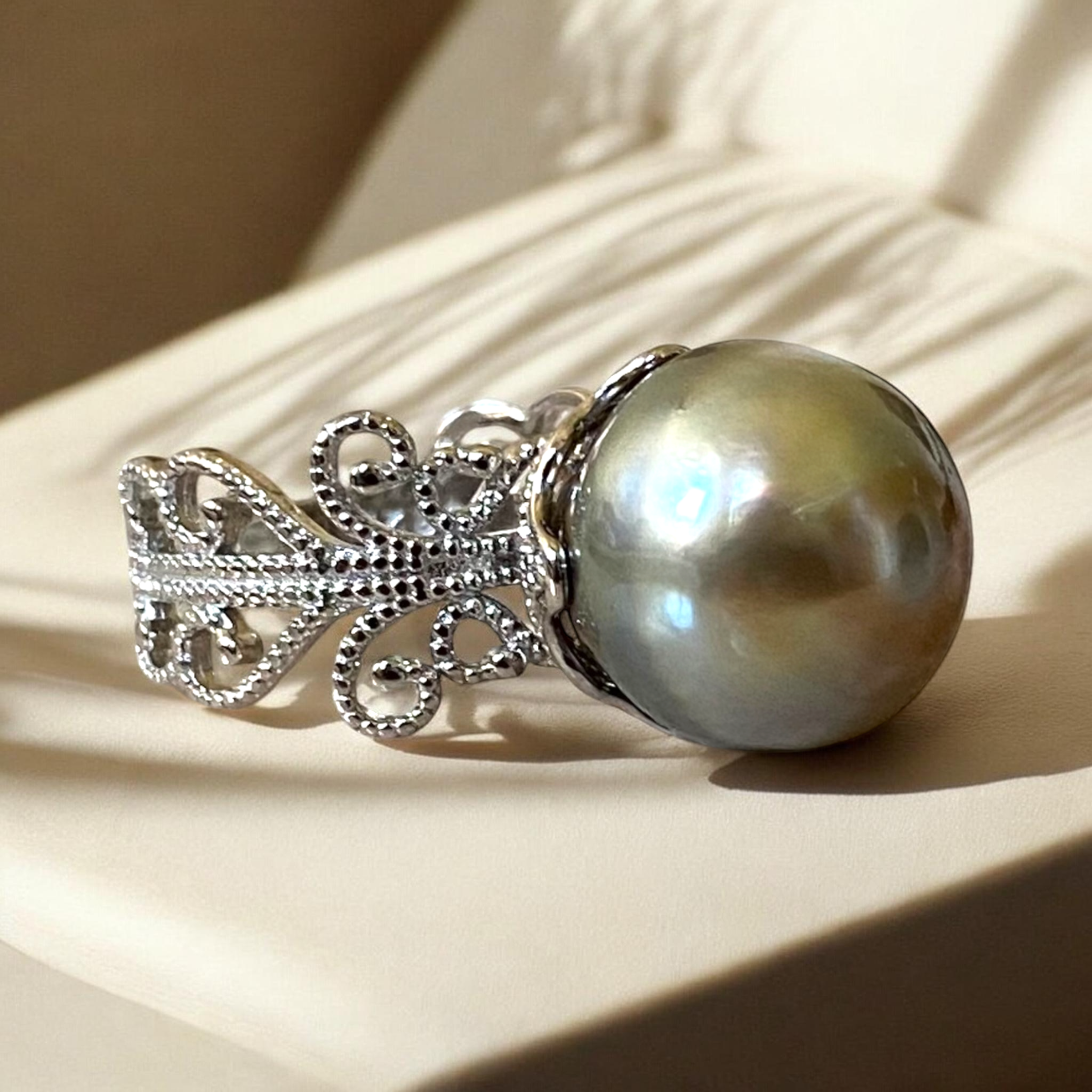 Extra Large, Tahitian, Peacock Pearl Ring in Filigree Silver Setting, Adjustable Band, Size L ½ - P ½