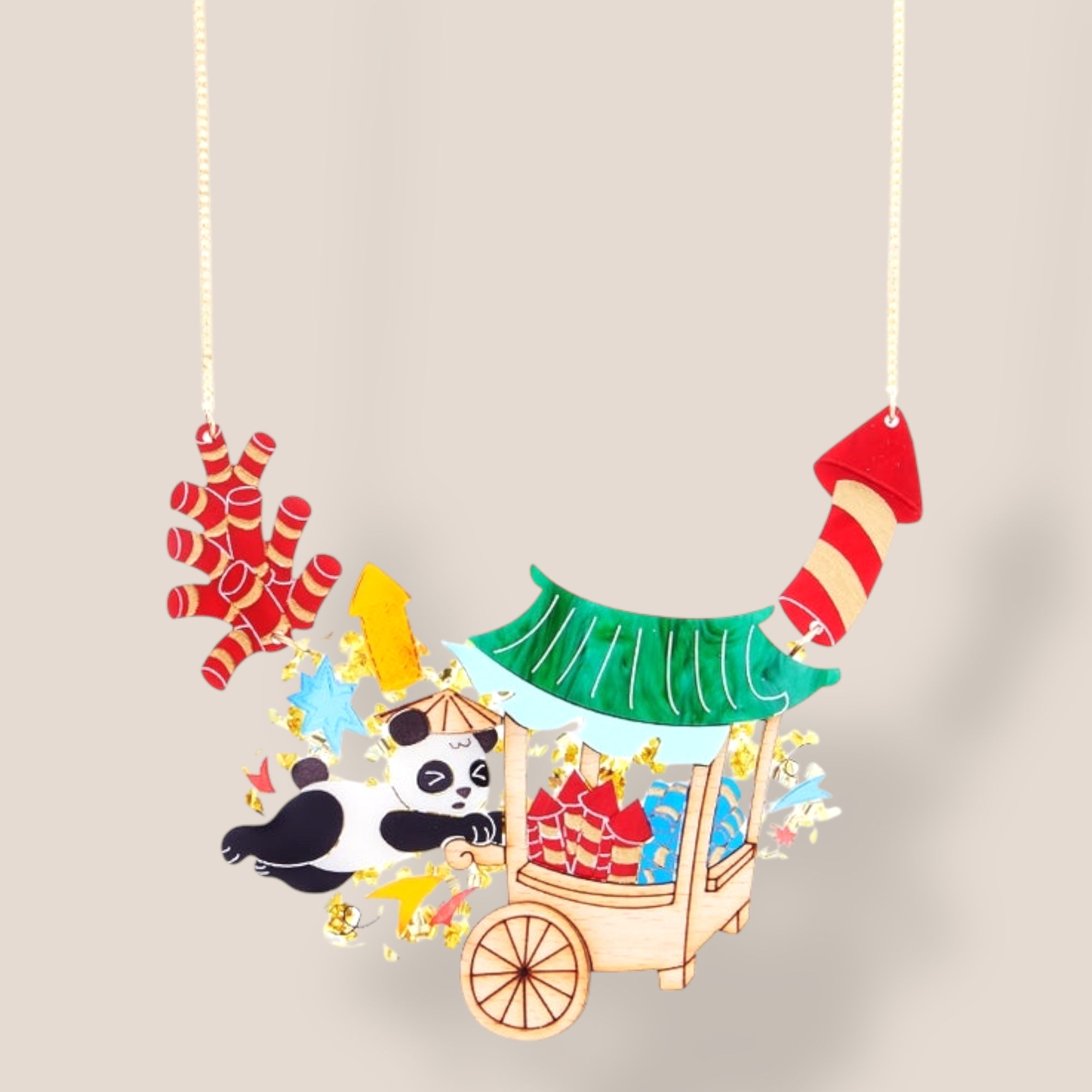 La Vidriola, Panda and the Chinese Firework Cart, Acrylic Necklace.