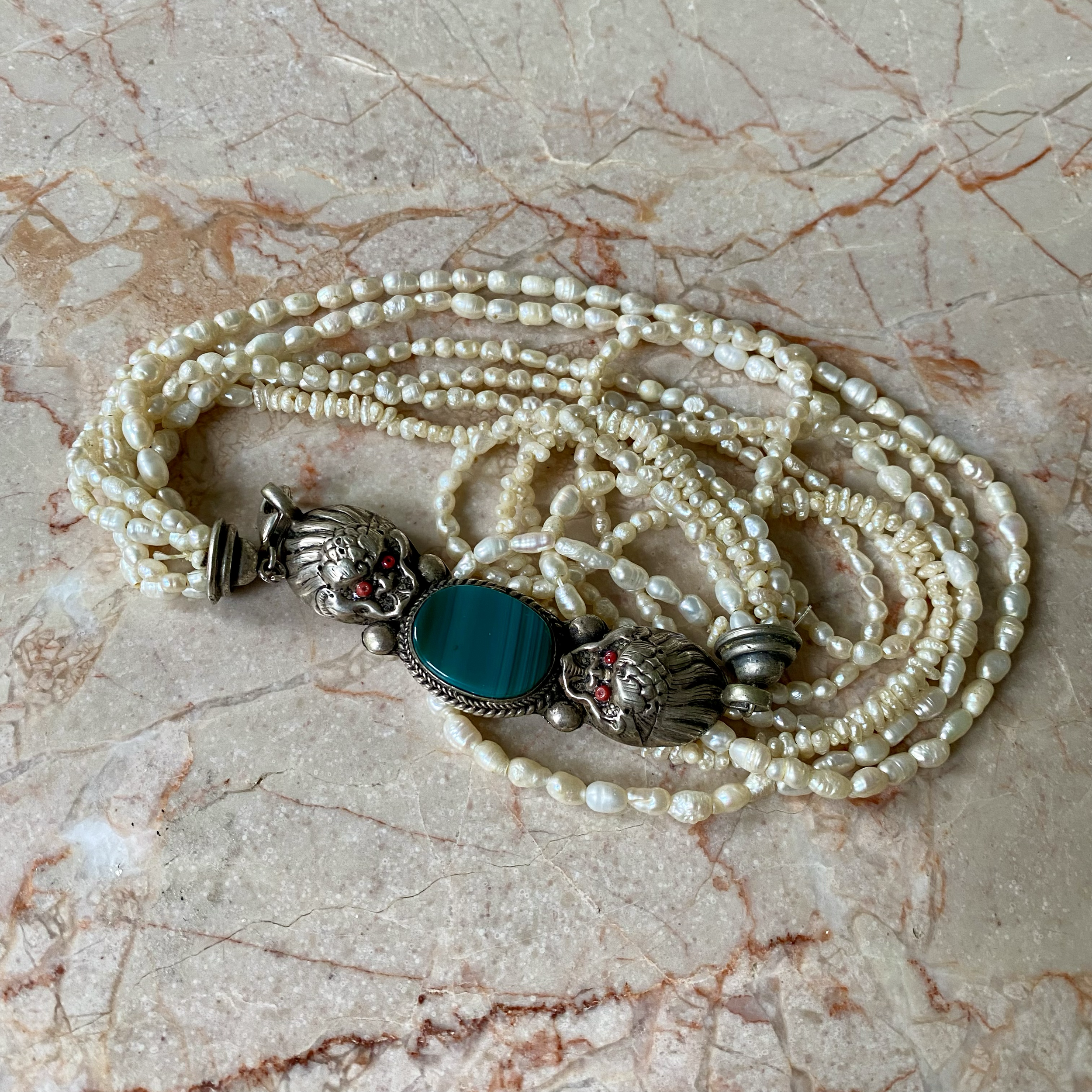 Vintage, 6-Row, Chinese White Pearl & Malachite Clasp, Necklace10.png