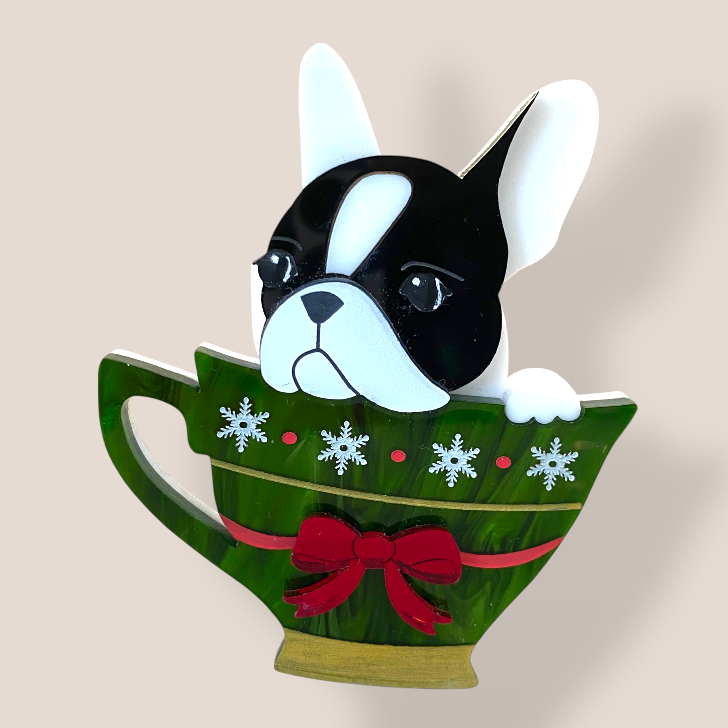Danilova Jewellery, Peppy Chapette, Frenchie Cup Christmas (2017) Acrylic Brooch1.png