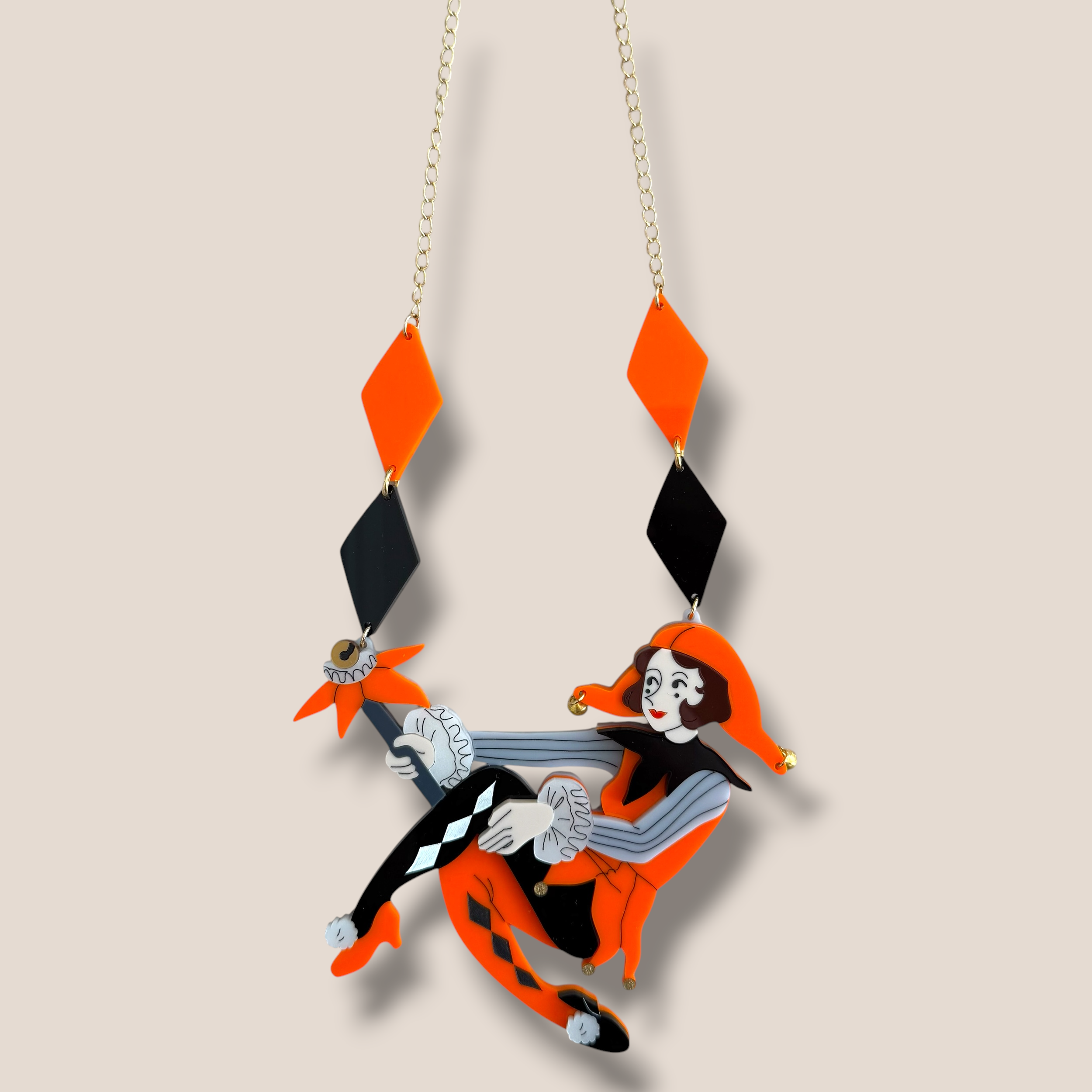 La Vidriola, The Jolly Harlequin Doll, Acrylic Necklace