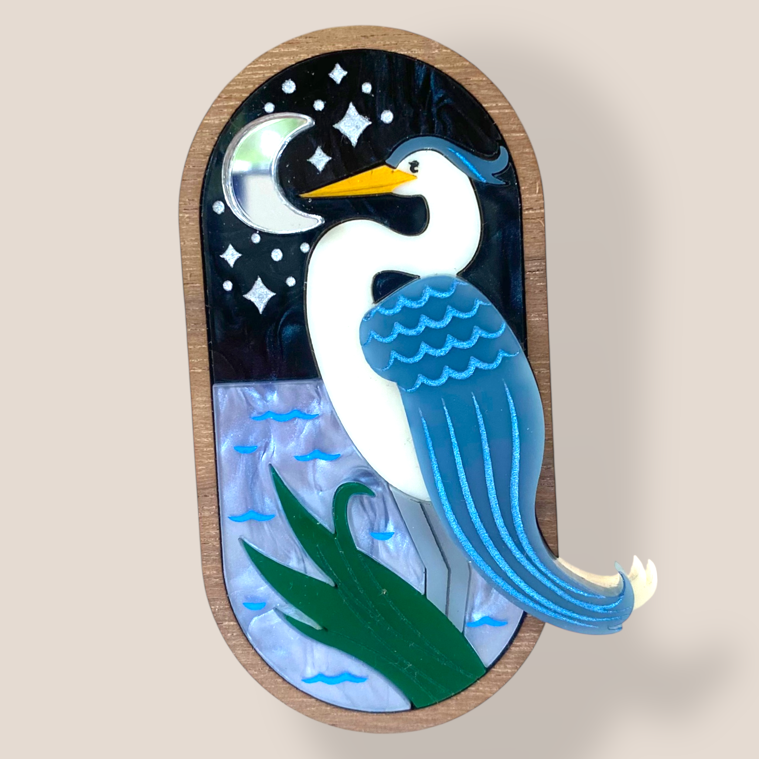 Peppy Chapette, Moonlight Blue Heron (2022), Acrylic Brooch