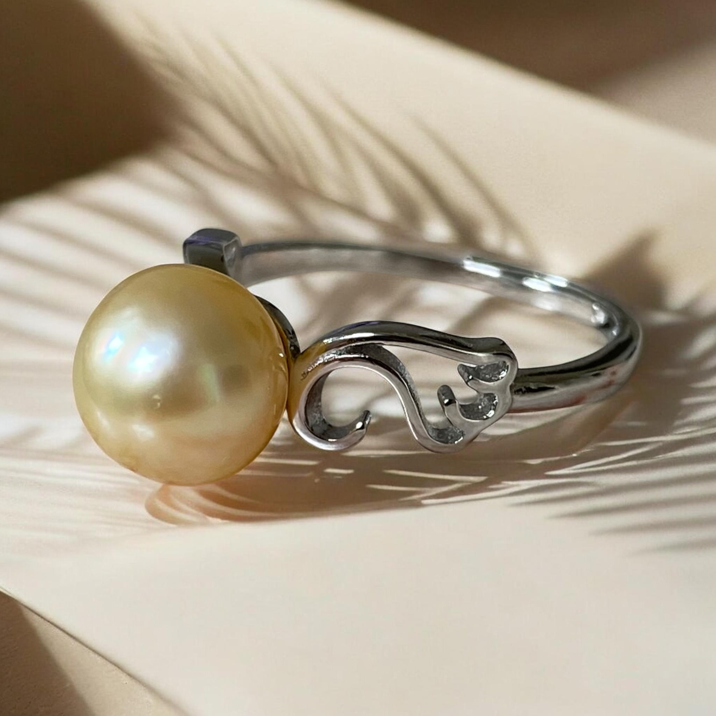 South Sea, Golden White Pearl Ring in Wing Scroll Silver Setting, Adjustable Band, Size M ½ - O ½