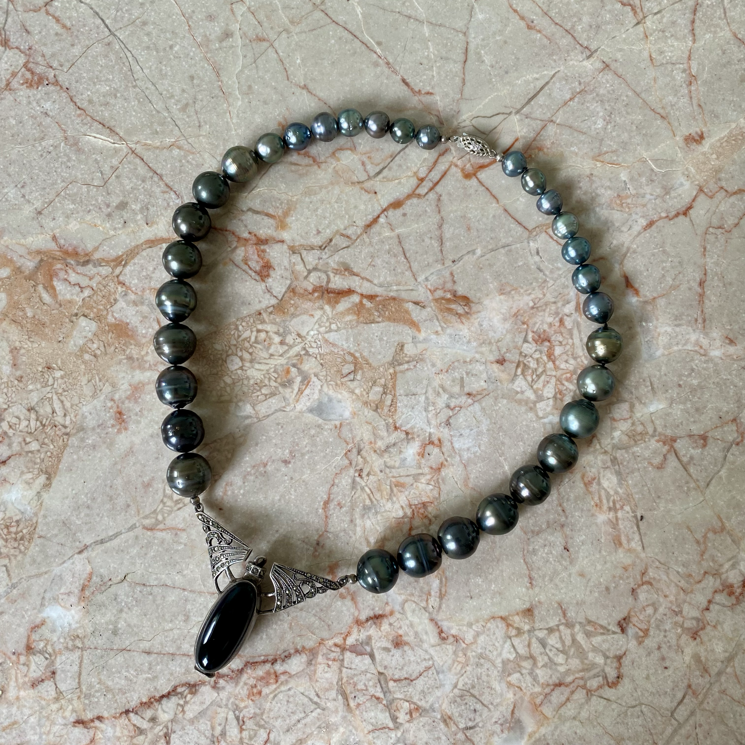 By Danilova, Dark Peacock Pearl & Antique Agate Pendant Necklace8.png