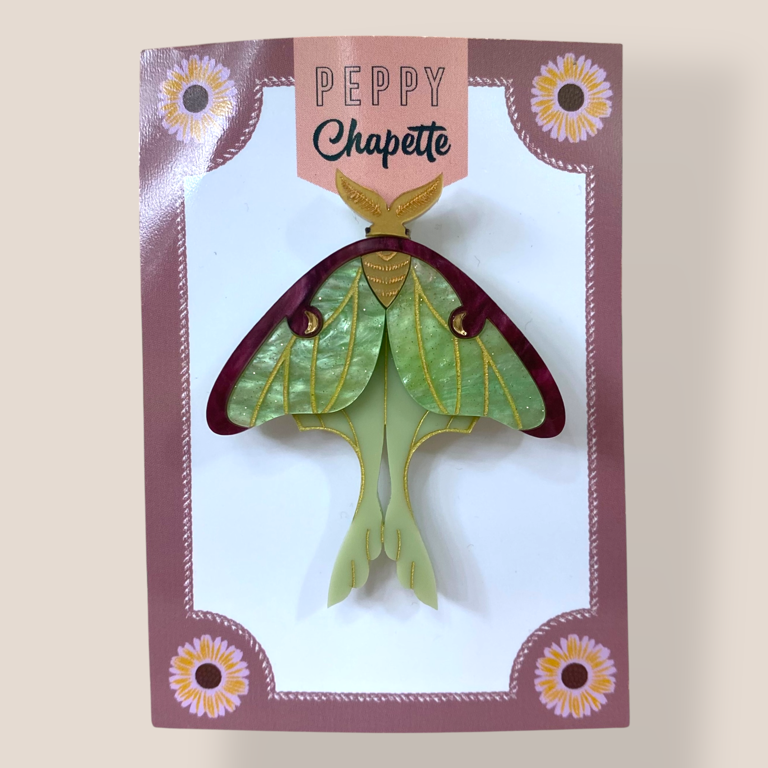Danilova Jewellery, Peppy Chapette, Lunar Moon Moth Mini (2022) Acrylic Brooch1.png