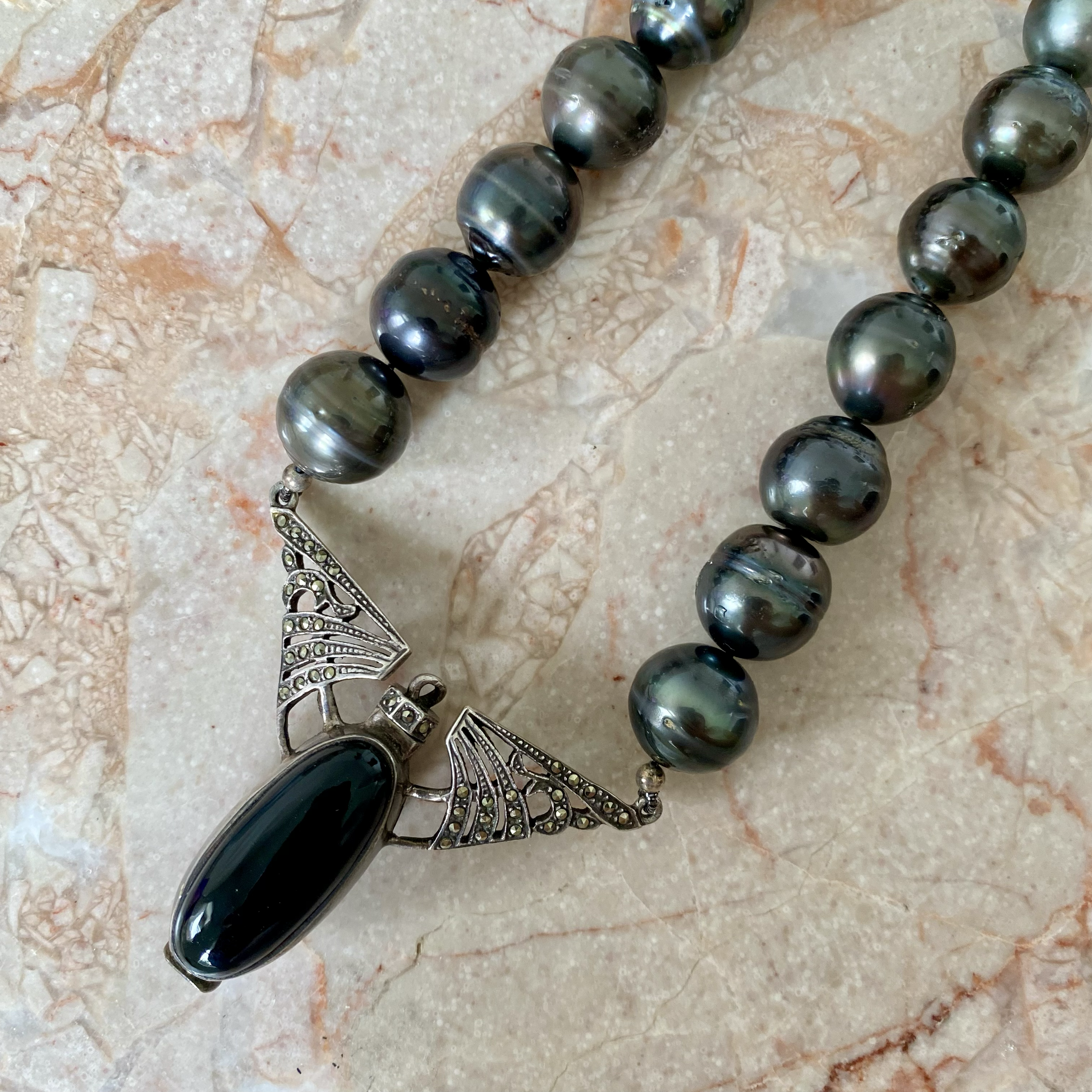 By Danilova, Dark Peacock Pearl & Antique Agate Pendant Necklace4.png