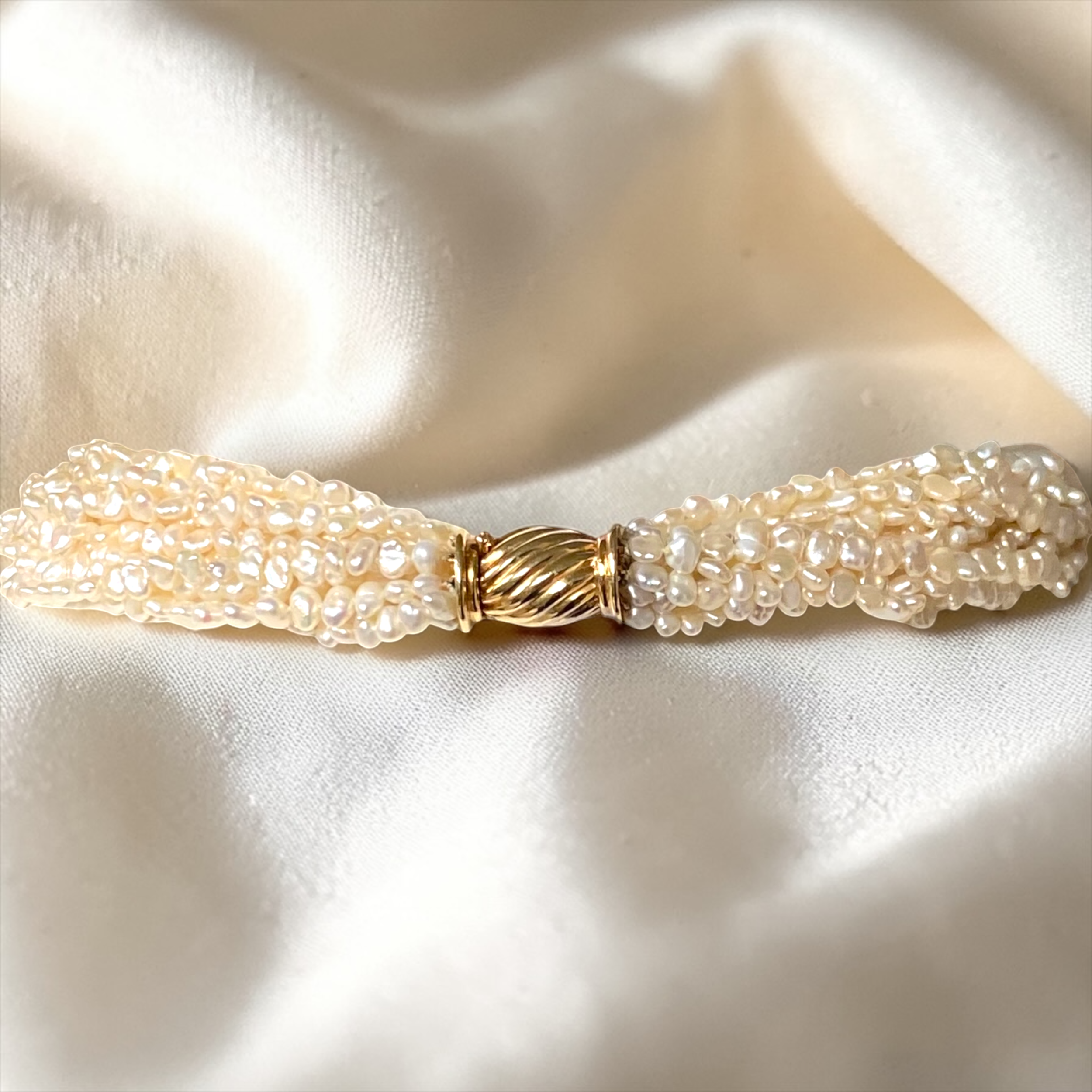 Vintage, 9-Row, White Pearl & 14K Gold Clasp, Torsade Twist Necklace4.PNG