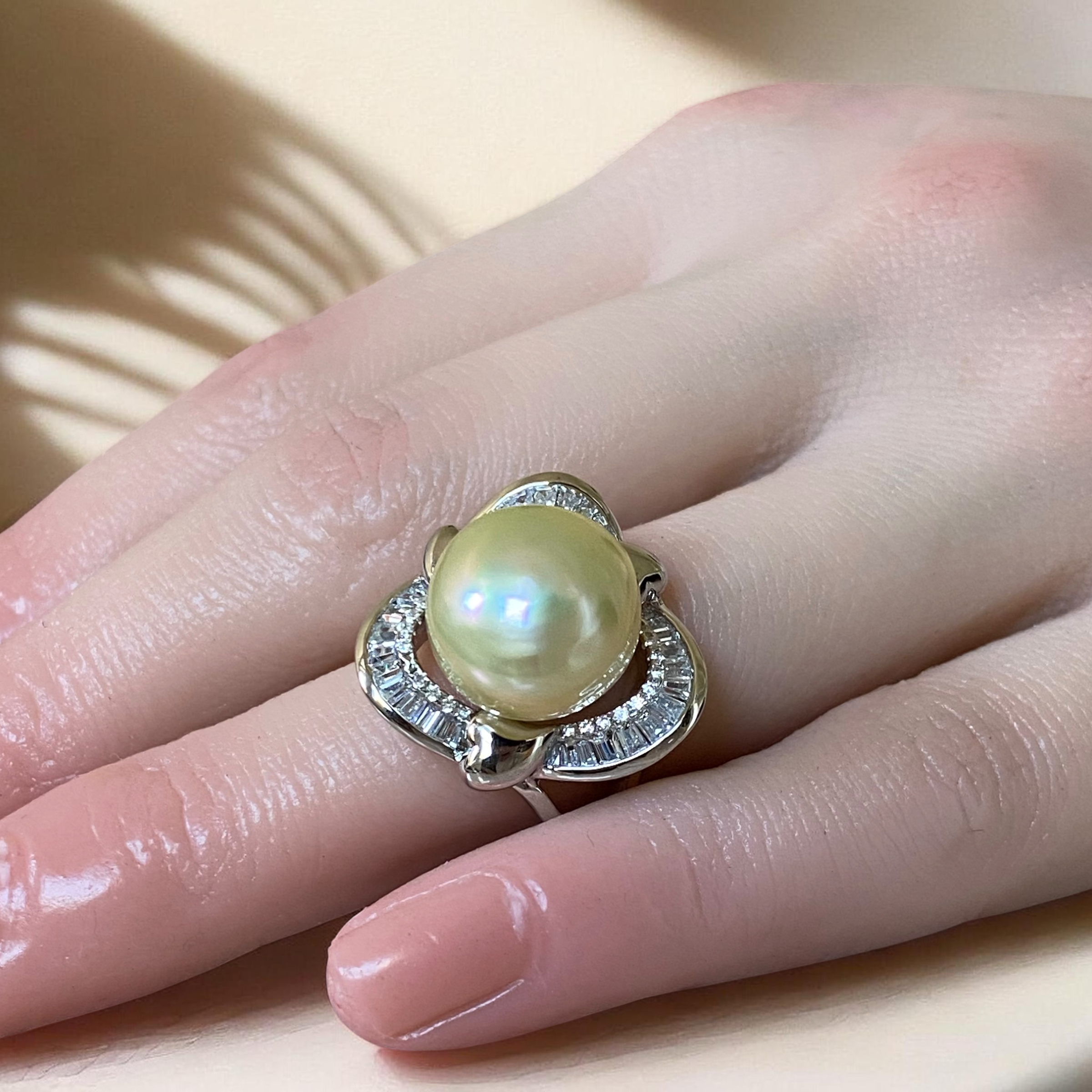 Extra Large, South Sea, White Pearl Ring in Silver Triangular Halo Setting7.PNG