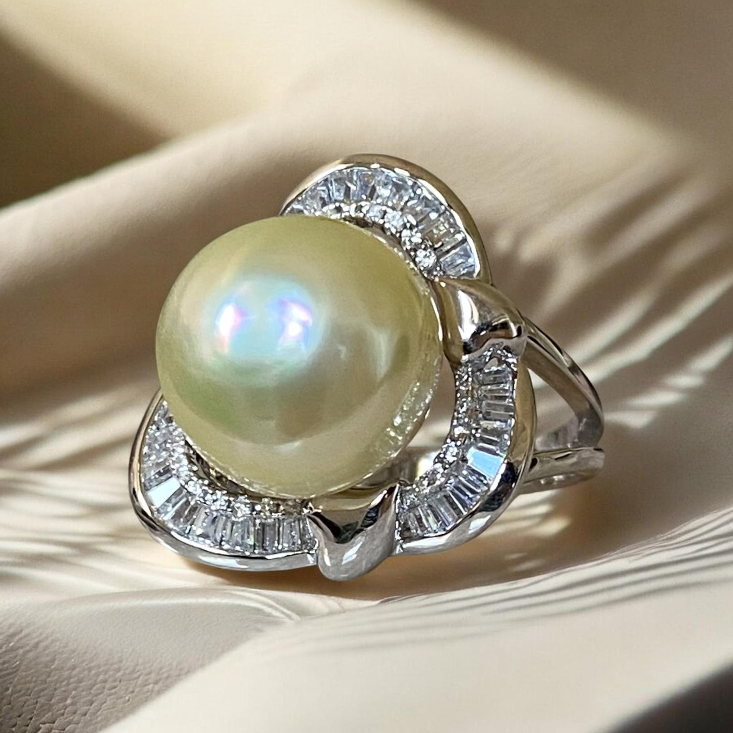 Extra Large, South Sea, White Pearl Ring in Silver Triangular Halo Setting1.PNG