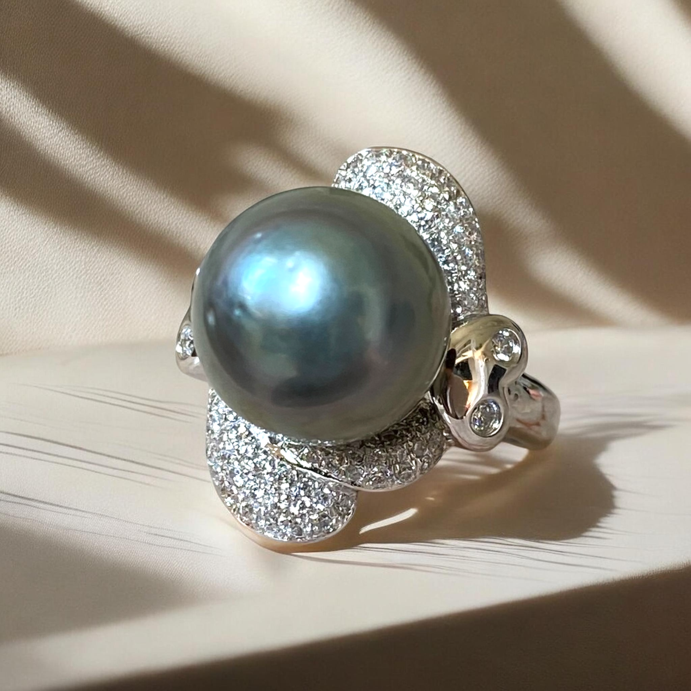 Tahitian, Blue Grey Pearl Ring in Rhinestone Scalloped-Halo Silver Setting, Size K ½