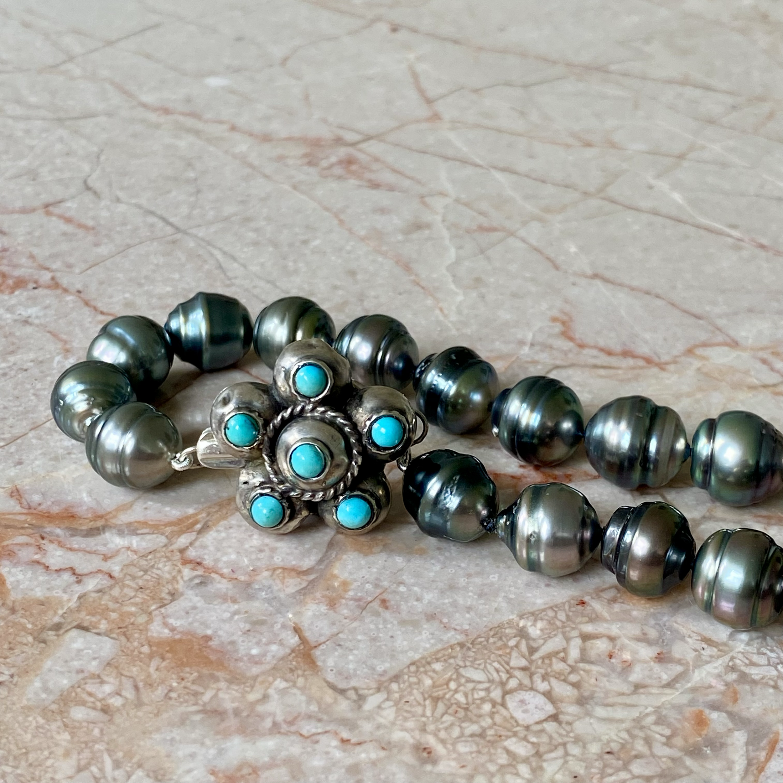 By Danilova, Dark Peacock Pearl and Turquoise Clasp Necklace12.png
