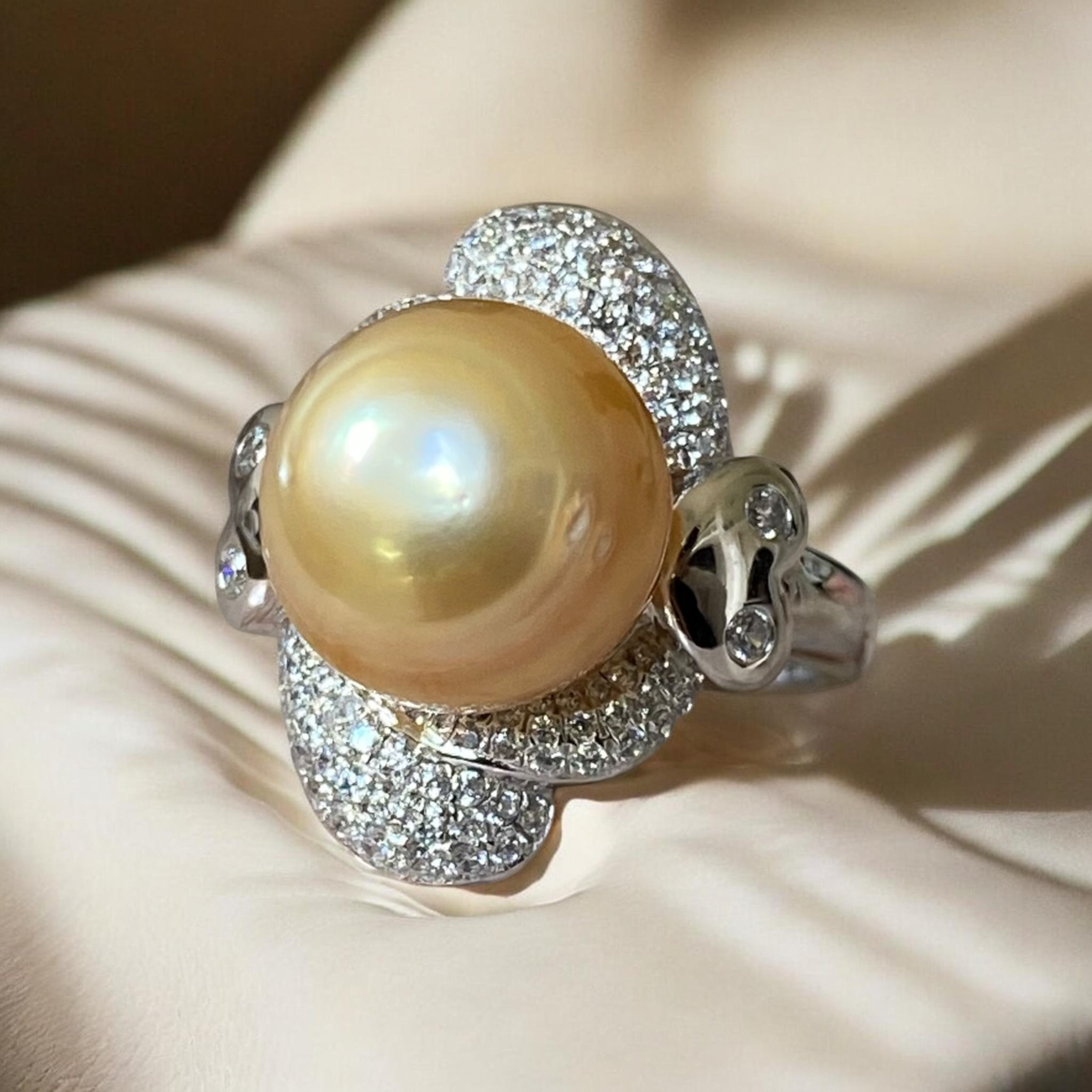 South Sea, Golden Pearl Ring in Rhinestone Scalloped-Halo Silver Setting, Size M ½