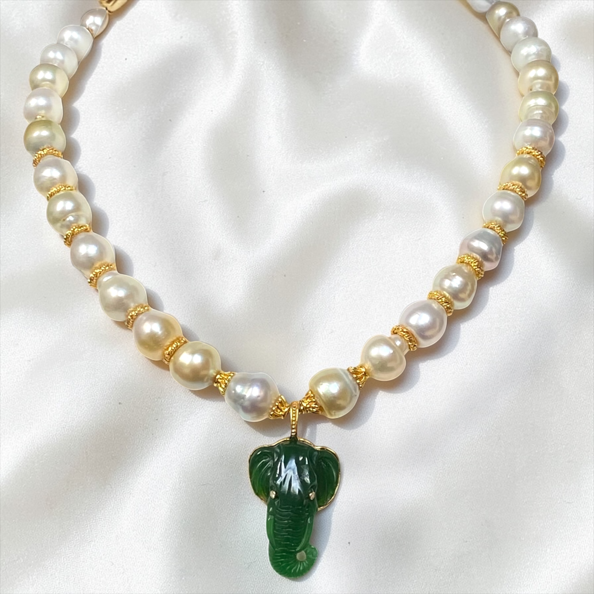 By Danilova, Baroque Silvery White Pearl, Jade & Diamond Elephant, Pendant Necklace