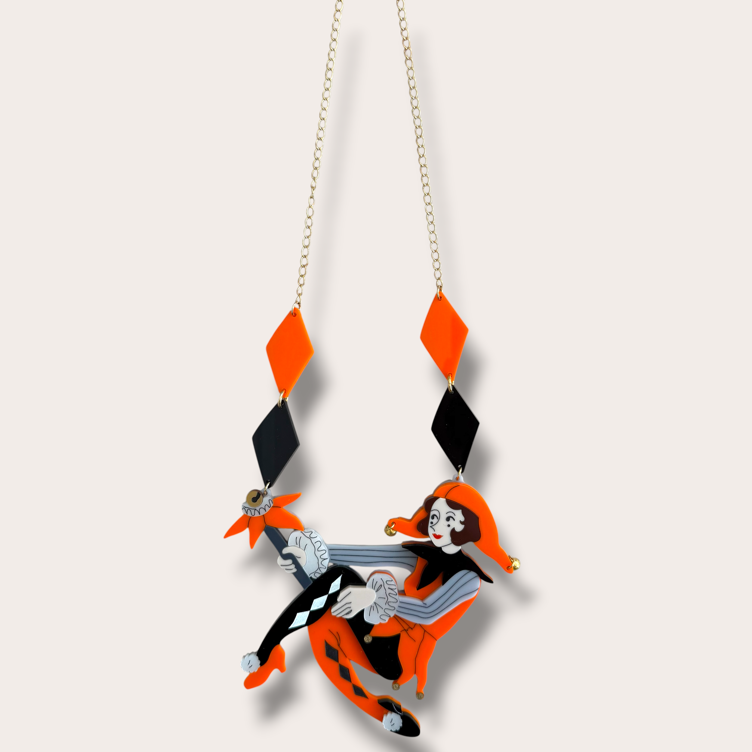 Danilova, La Vidriola, The Jolly Harlequin Doll, Acrylic Necklace2.PNG