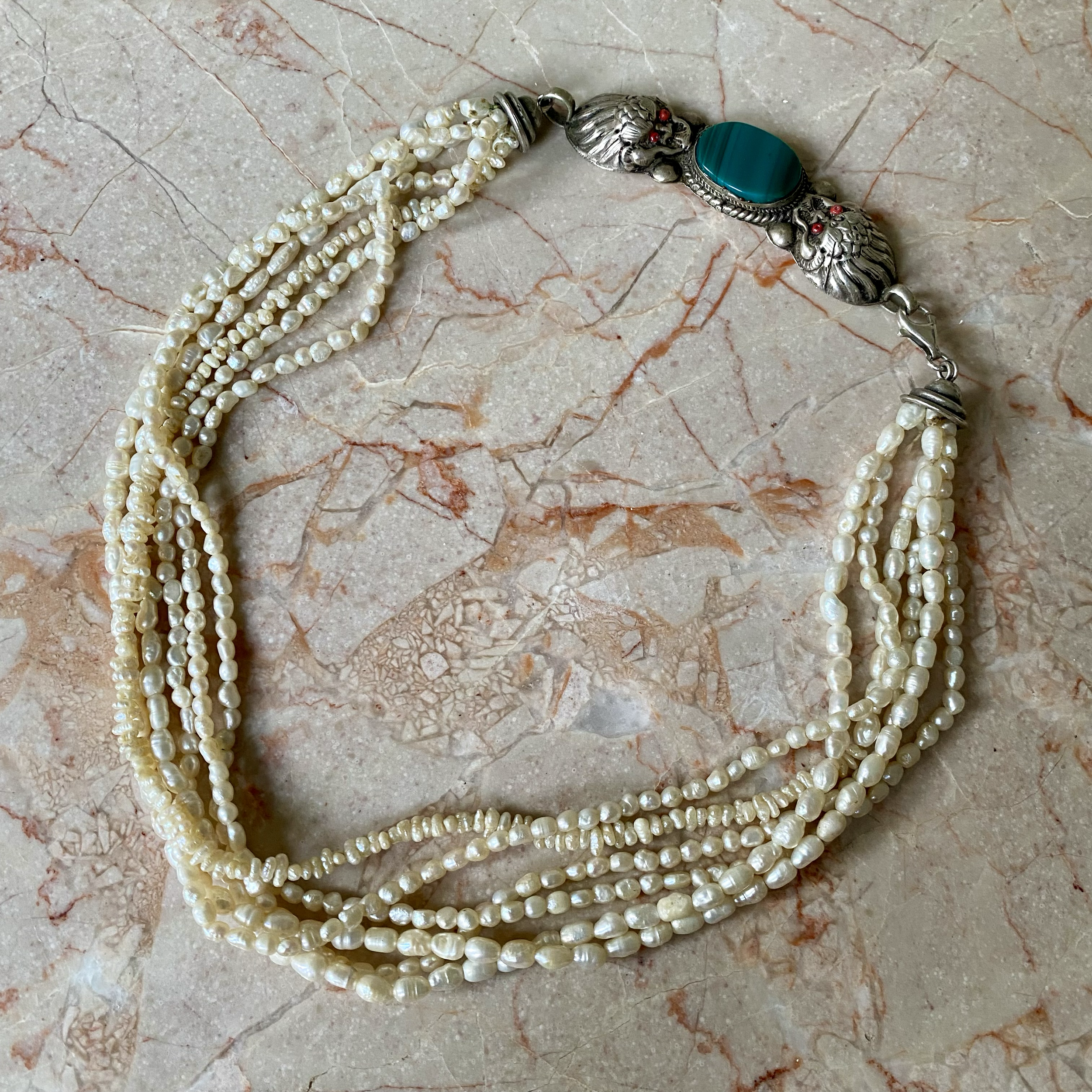 Vintage, 6-Row, Chinese White Pearl & Malachite Clasp, Necklace7.png