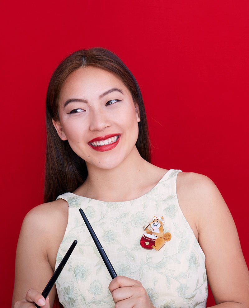 Danilova, La Vidriola, Shiba and Their Taiko Drum, Acrylic Brooch2.jpg